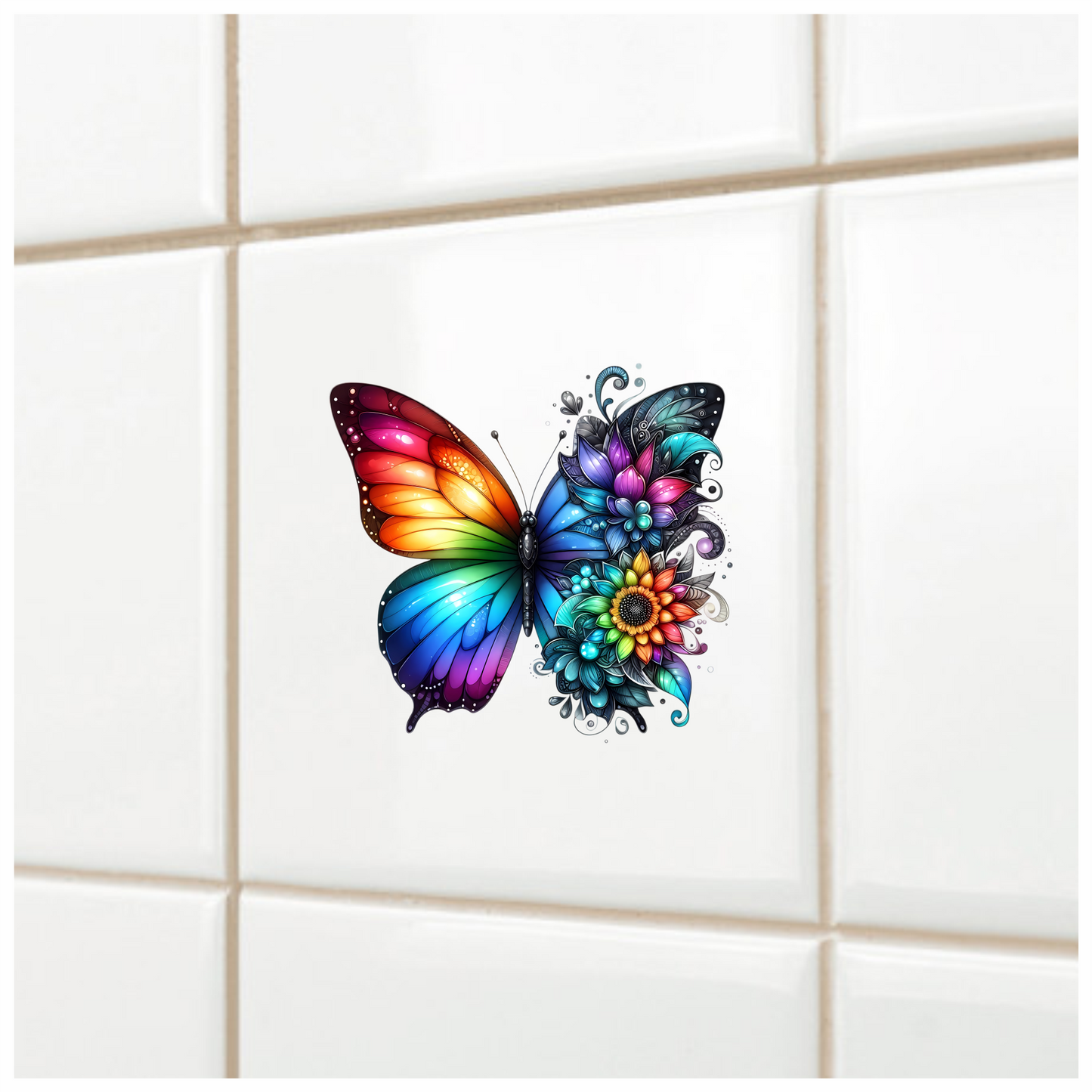 Rainbow Butterfly With Colorful Flowers Vinyl Sticker Decal