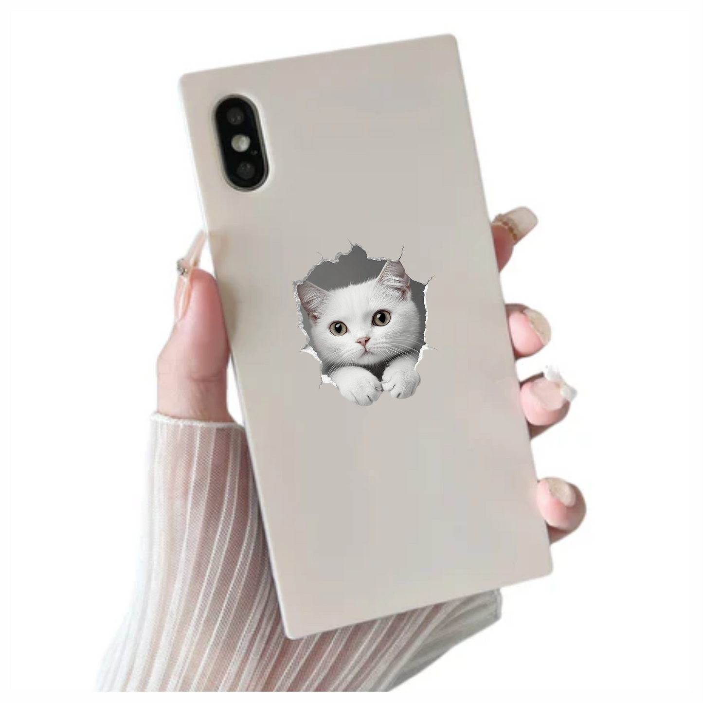 White Shorthaired Cat With Green Eyes Vinyl Sticker Decal