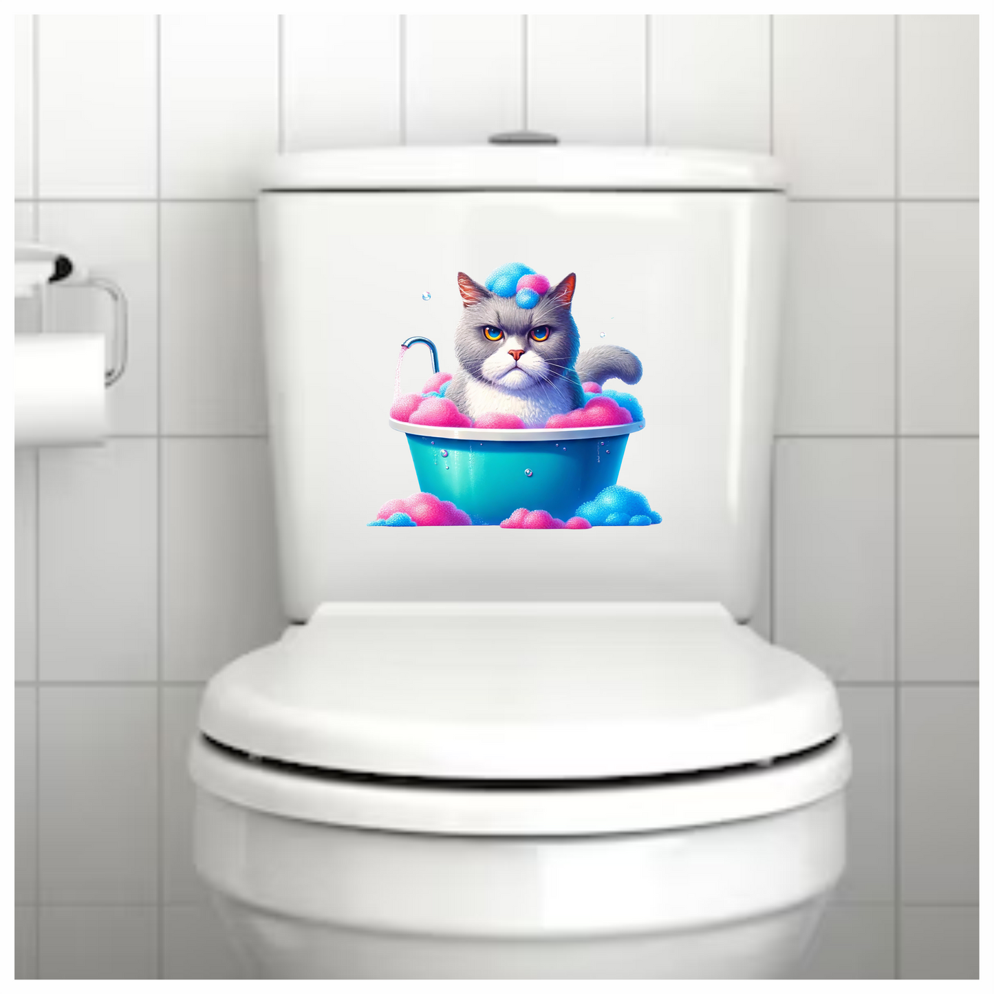 Gray Cat In Blue Bathtub Vinyl Sticker Decal