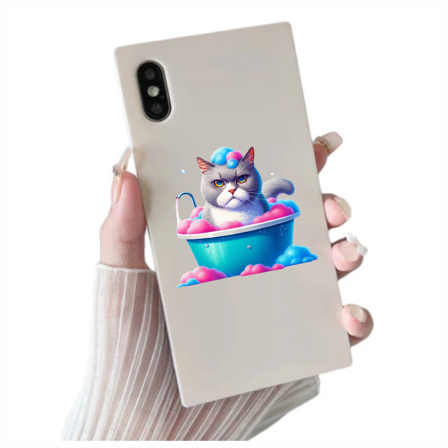 Gray Cat In Blue Bathtub Vinyl Sticker Decal