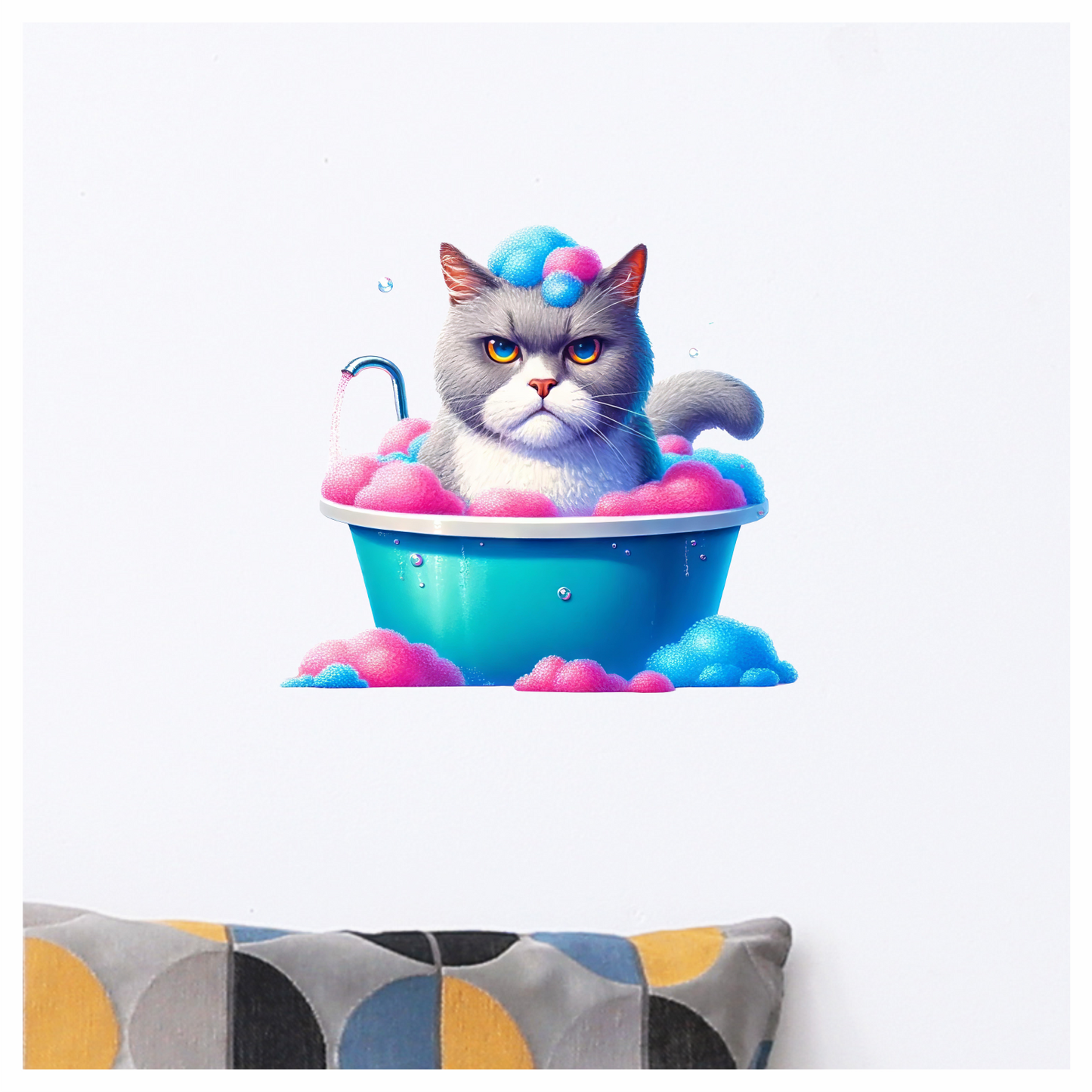 Gray Cat In Blue Bathtub Vinyl Sticker Decal