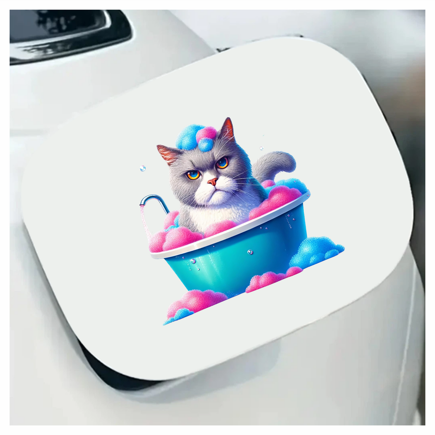 Gray Cat In Blue Bathtub Vinyl Sticker Decal