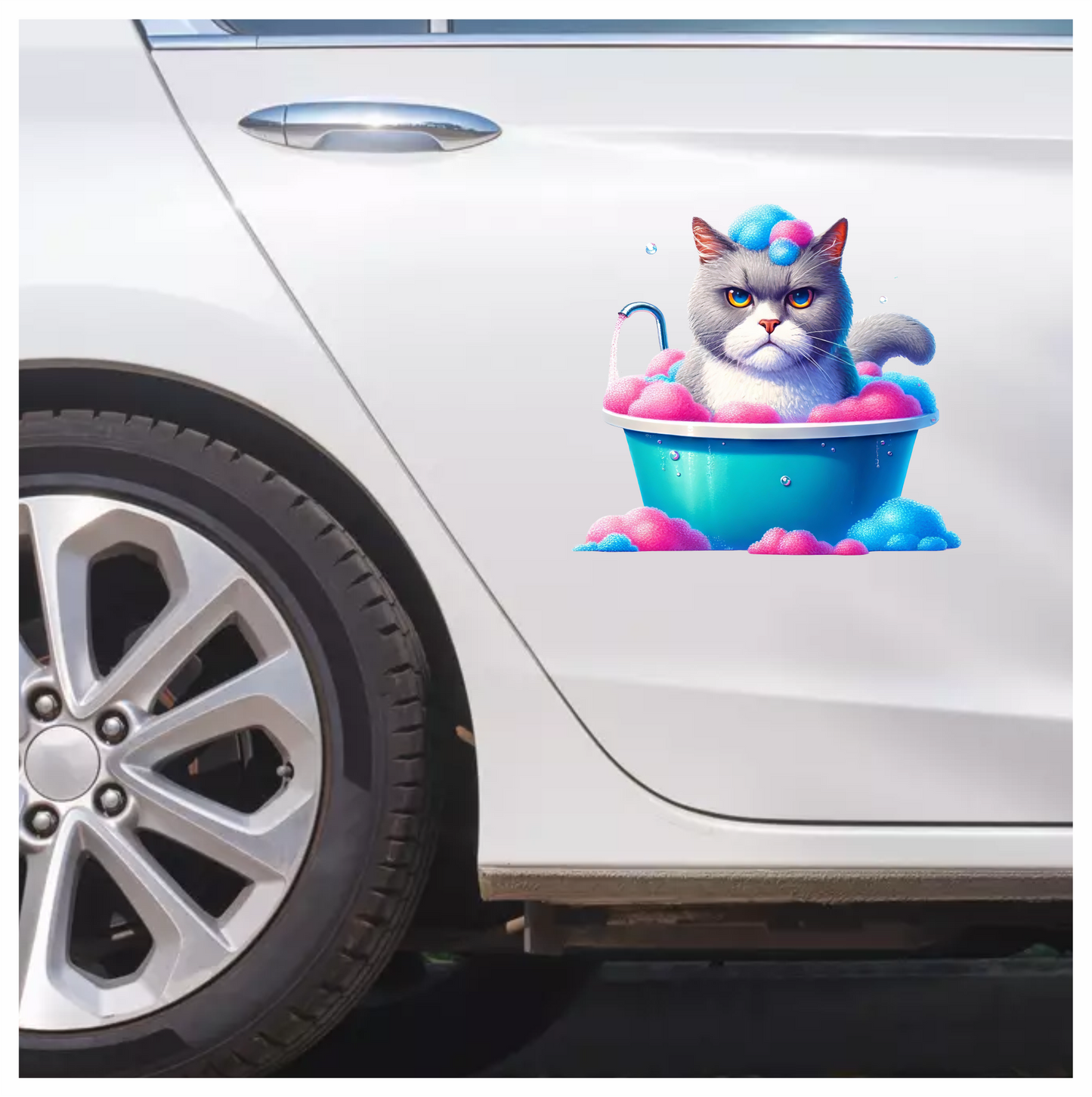 Gray Cat In Blue Bathtub Vinyl Sticker Decal