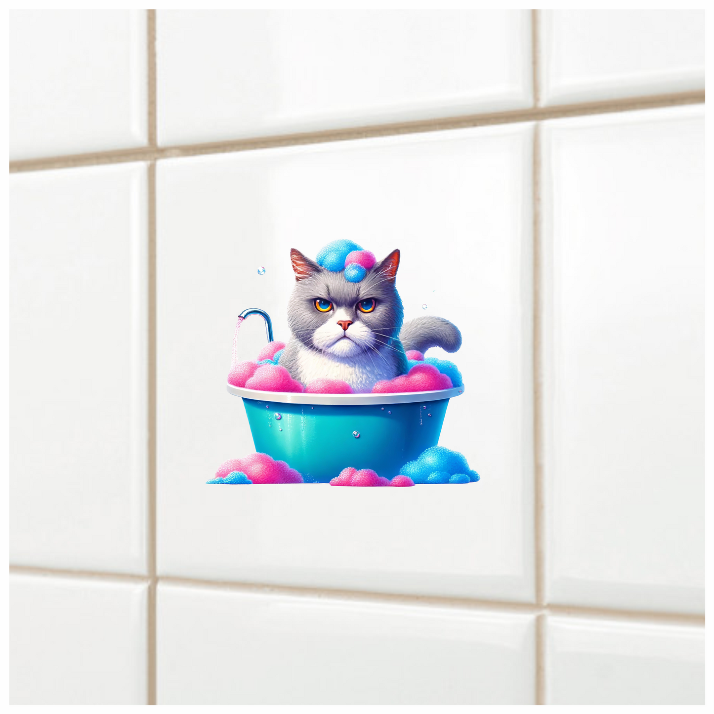 Gray Cat In Blue Bathtub Vinyl Sticker Decal