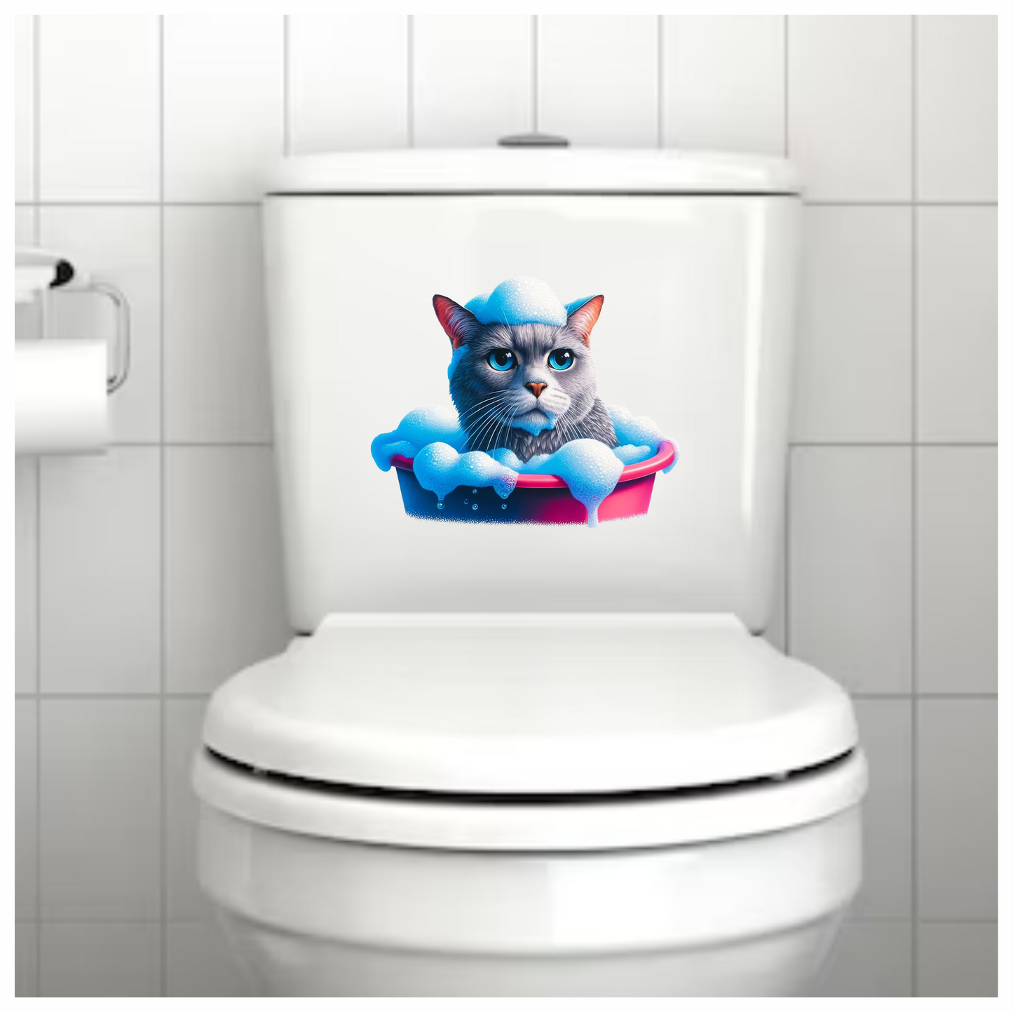 Gray Cat In Pink Bathtub Vinyl Sticker Decal