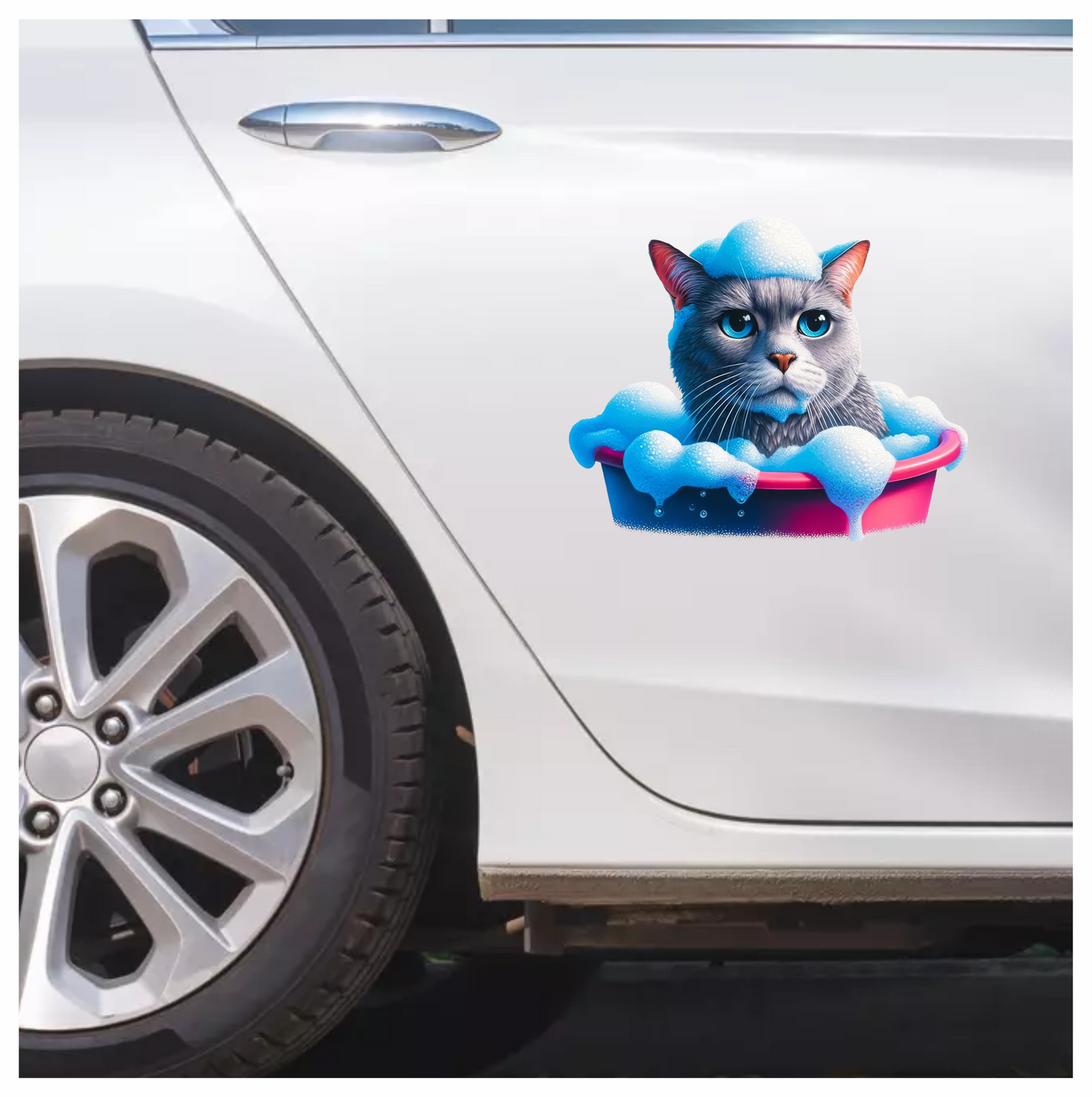 Gray Cat In Pink Bathtub Vinyl Sticker Decal