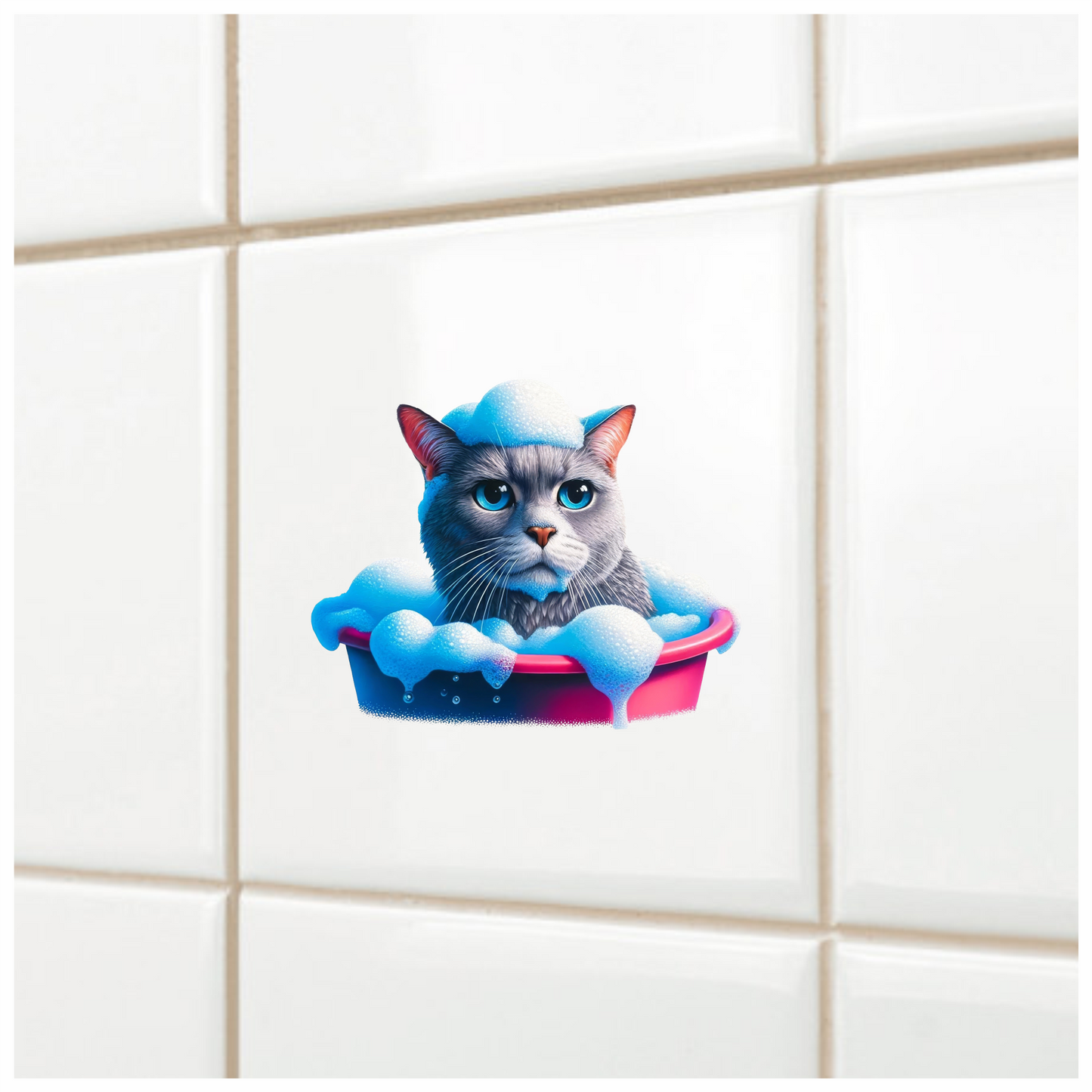 Gray Cat In Pink Bathtub Vinyl Sticker Decal
