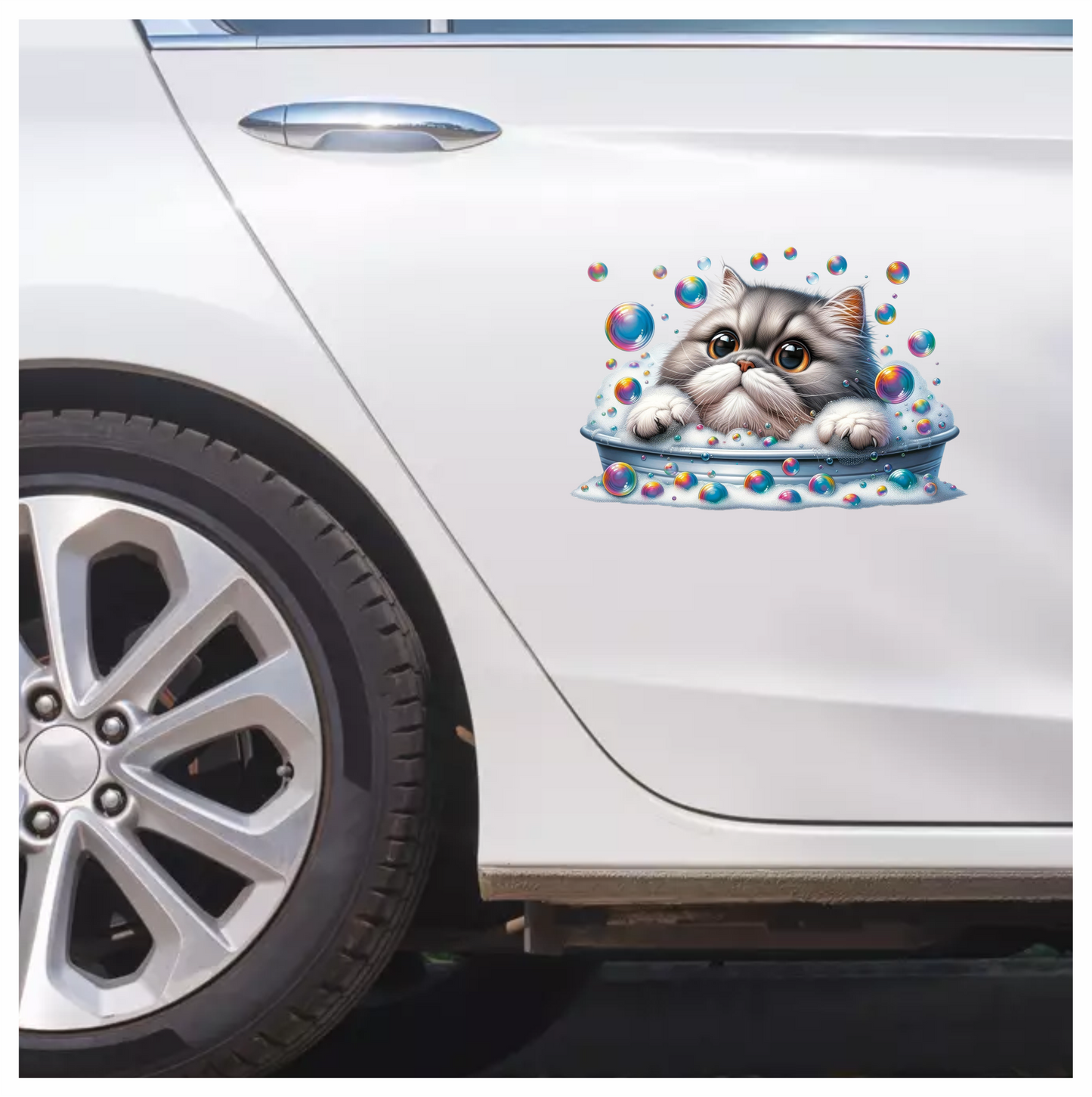 Gray Persian Cat In Soap Bubbles Vinyl Sticker Decal