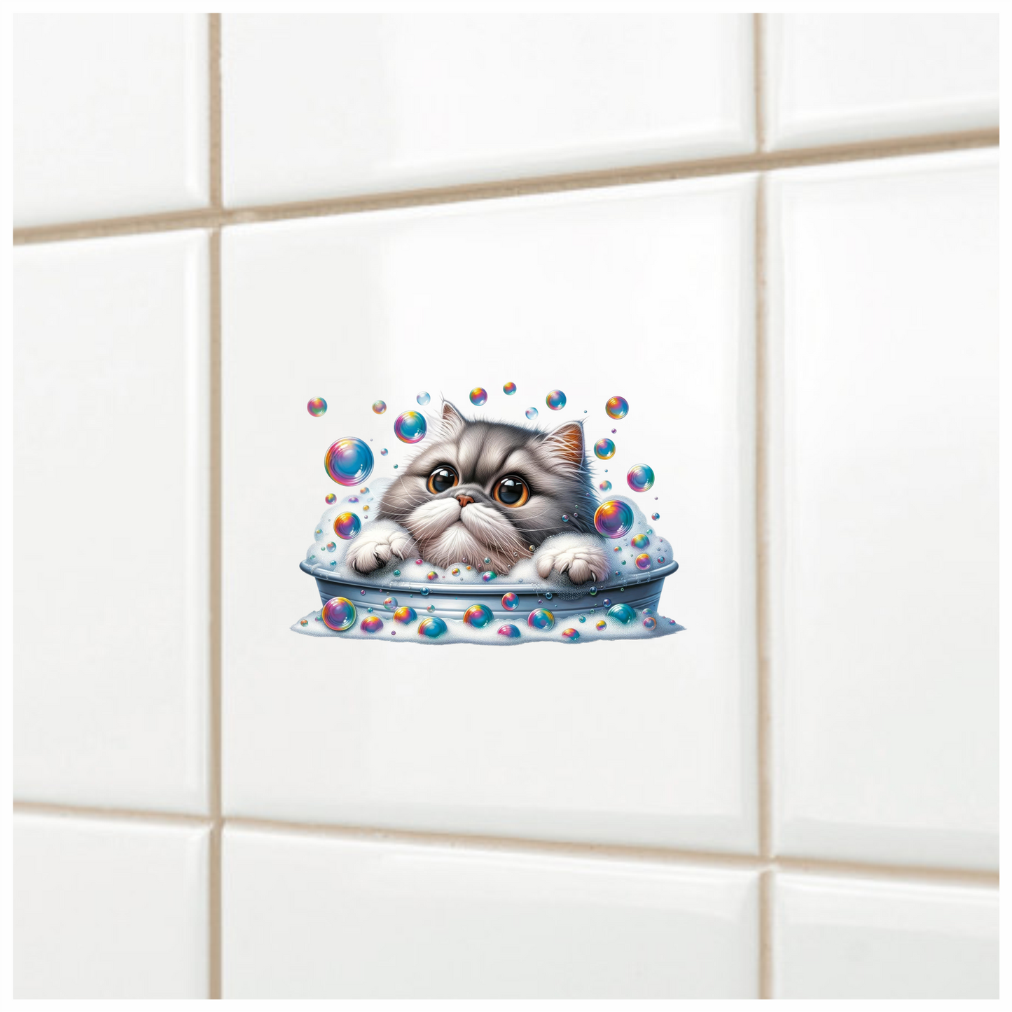 Gray Persian Cat In Soap Bubbles Vinyl Sticker Decal