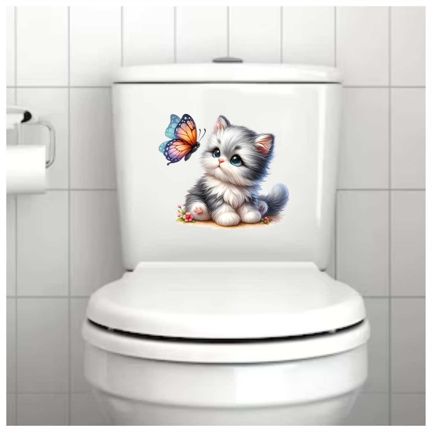 Grey Kitten Fluffy Butterfly Cute Flowers Vinyl Sticker Decal