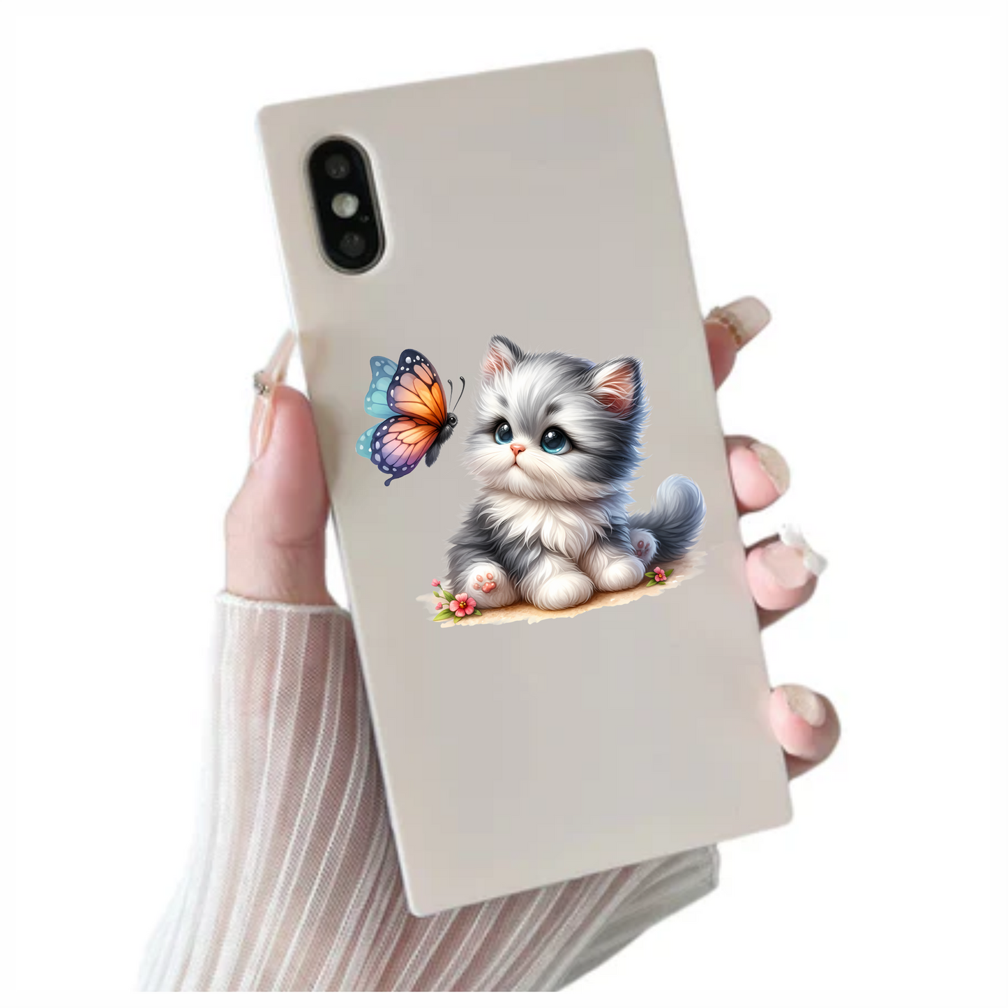 Grey Kitten Fluffy Butterfly Cute Flowers Vinyl Sticker Decal