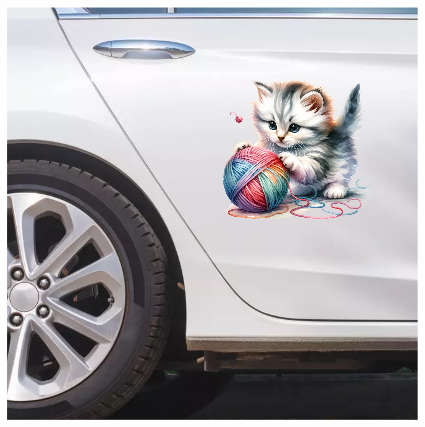 Gray Kitten Playing Colorful Yarn Vinyl Sticker Decal