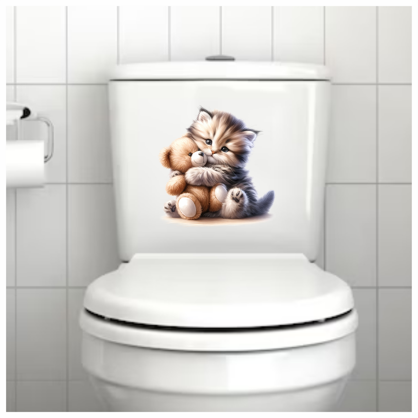 Grey Kitten Teddy Bear Hug Vinyl Sticker Decal