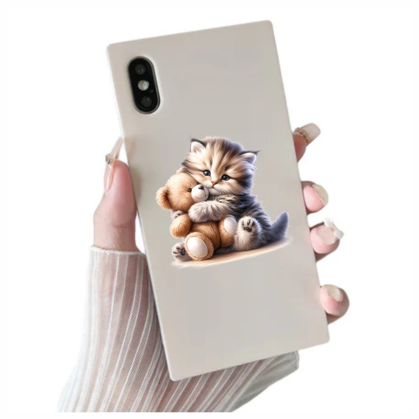 Grey Kitten Teddy Bear Hug Vinyl Sticker Decal