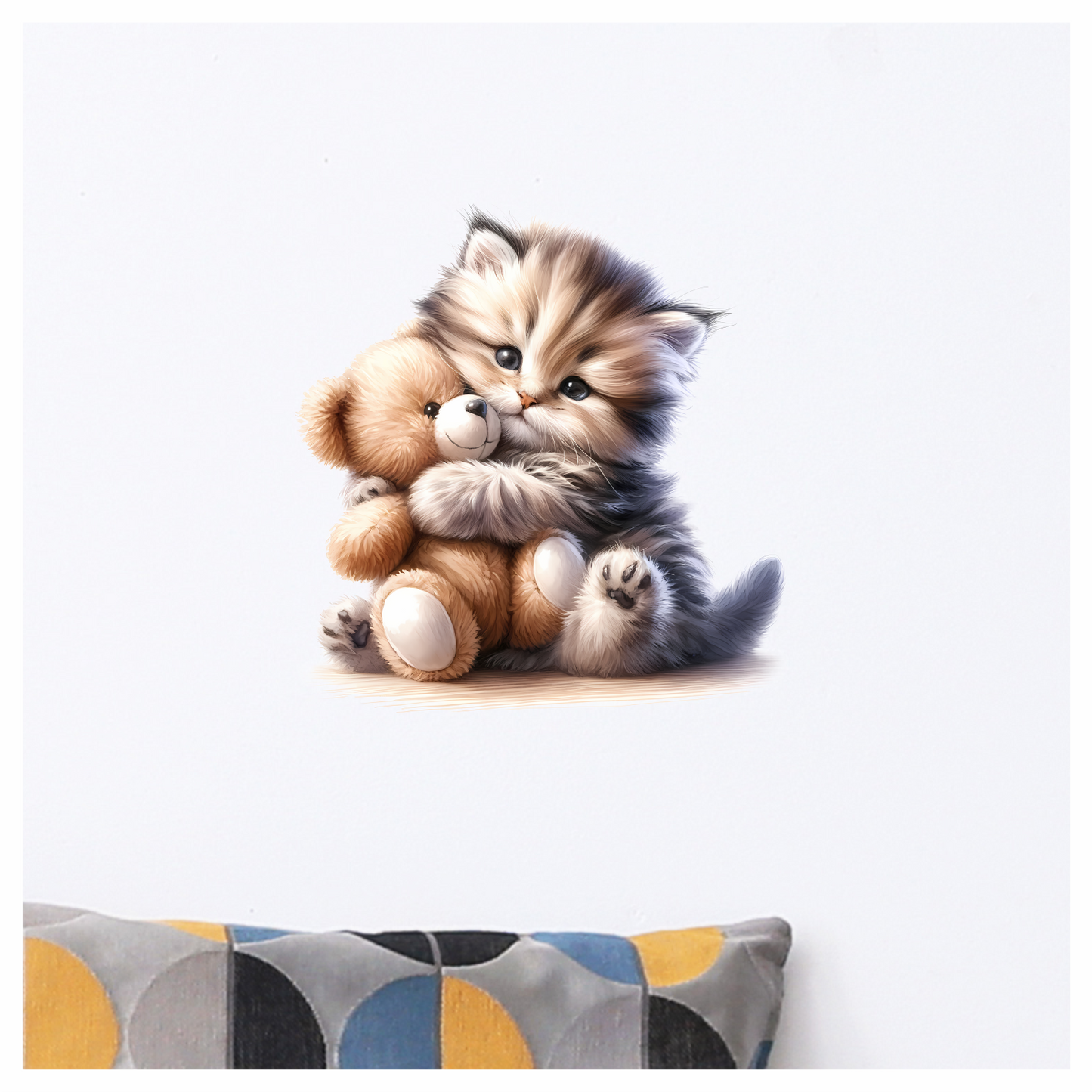 Grey Kitten Teddy Bear Hug Vinyl Sticker Decal