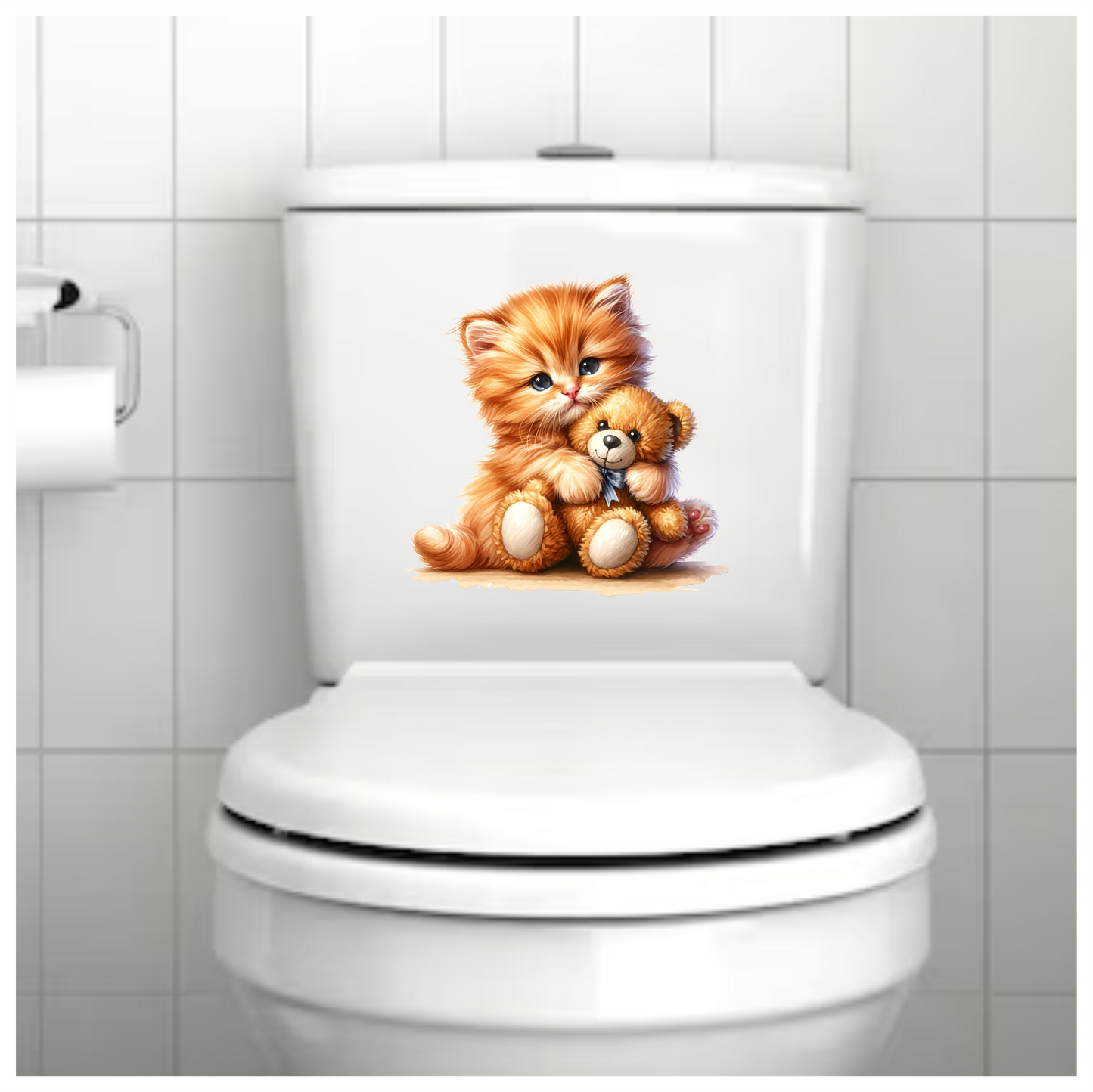Orange Kitten Hugging Teddy Bear Vinyl Sticker Decal