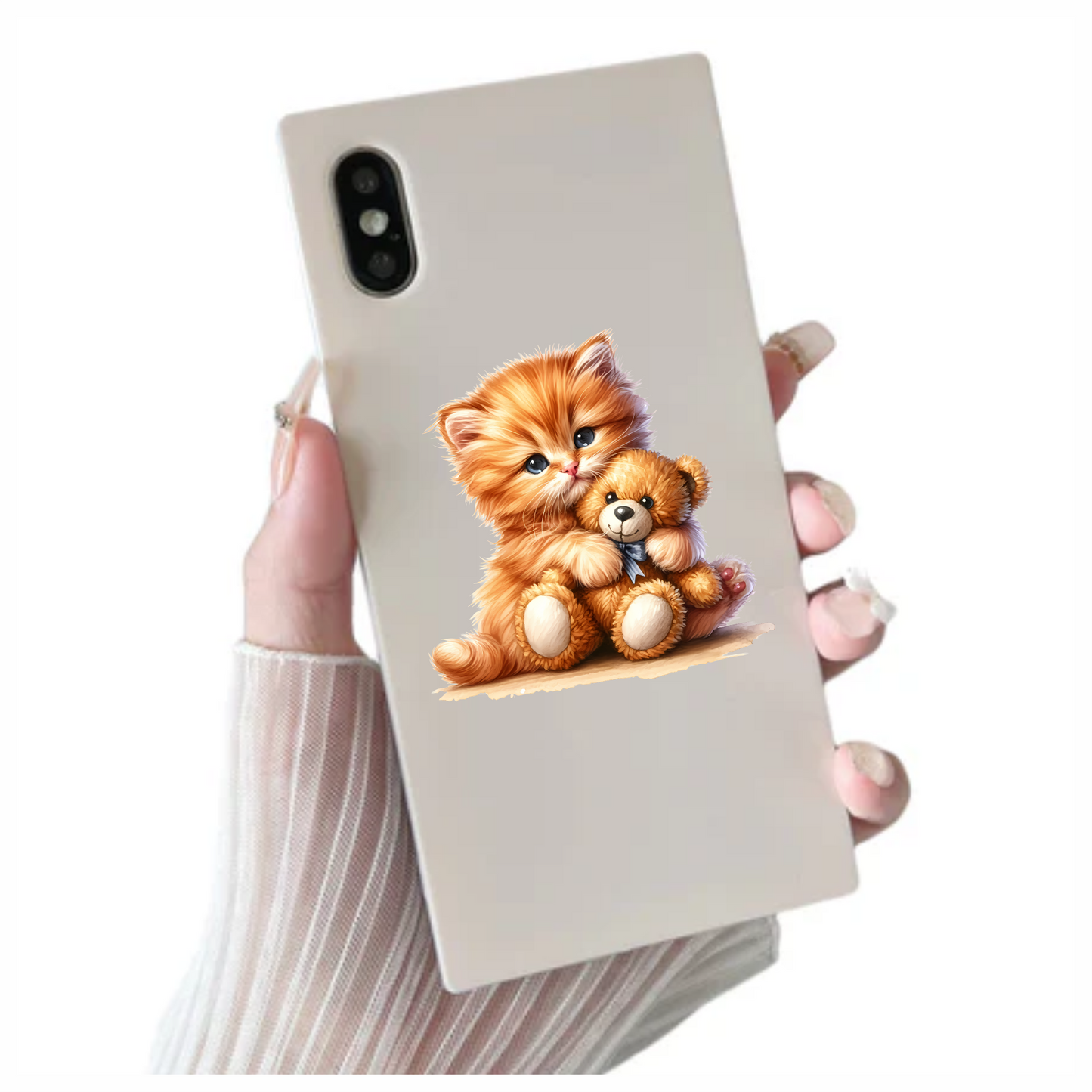 Orange Kitten Hugging Teddy Bear Vinyl Sticker Decal