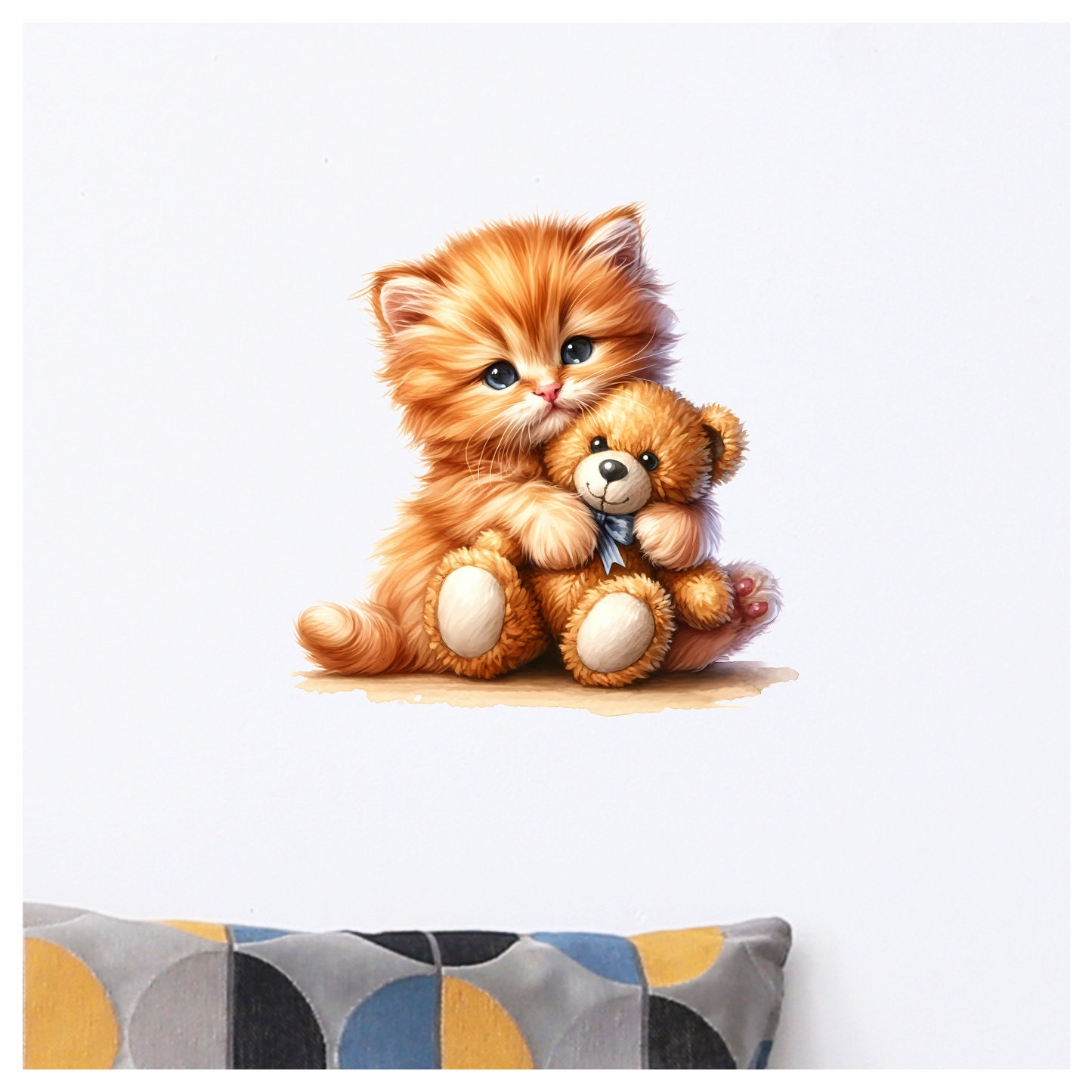 Orange Kitten Hugging Teddy Bear Vinyl Sticker Decal