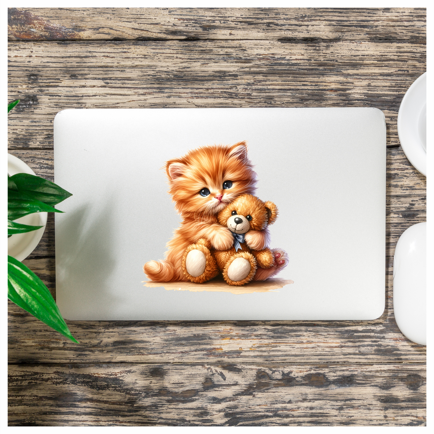 Orange Kitten Hugging Teddy Bear Vinyl Sticker Decal