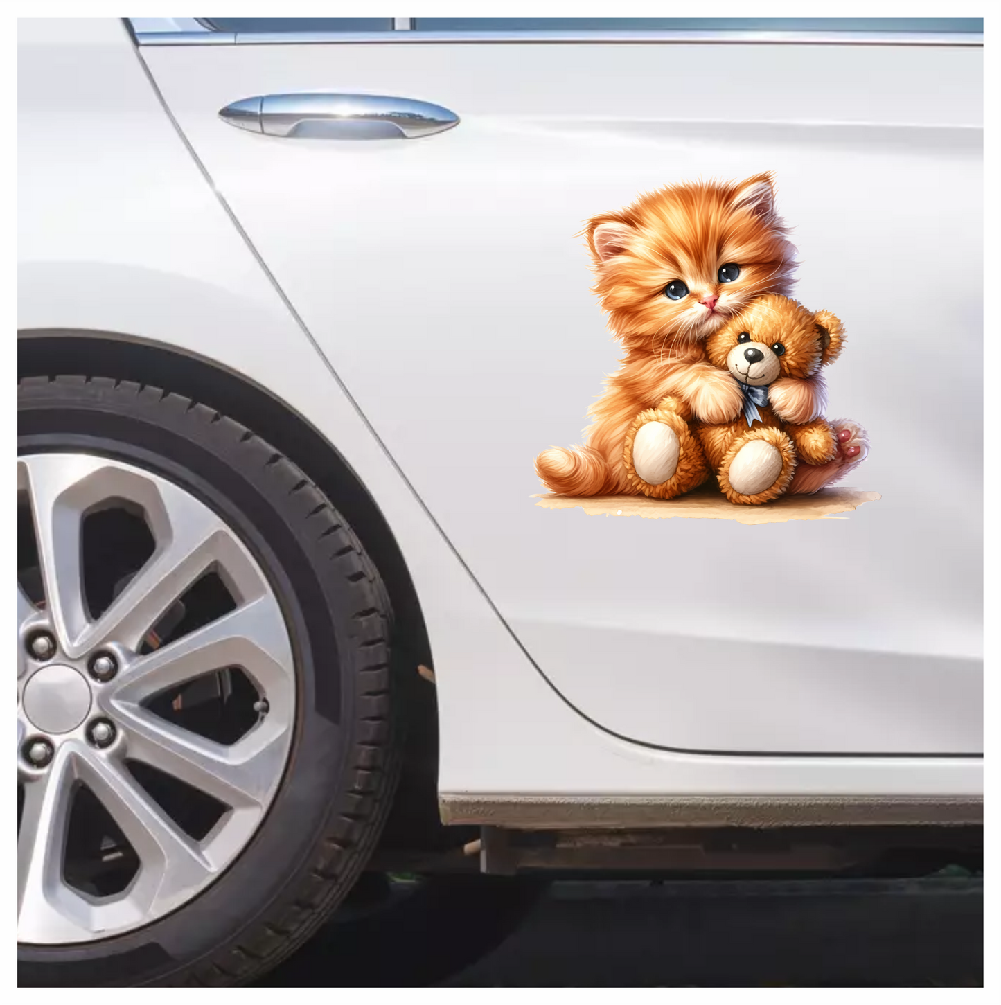 Orange Kitten Hugging Teddy Bear Vinyl Sticker Decal
