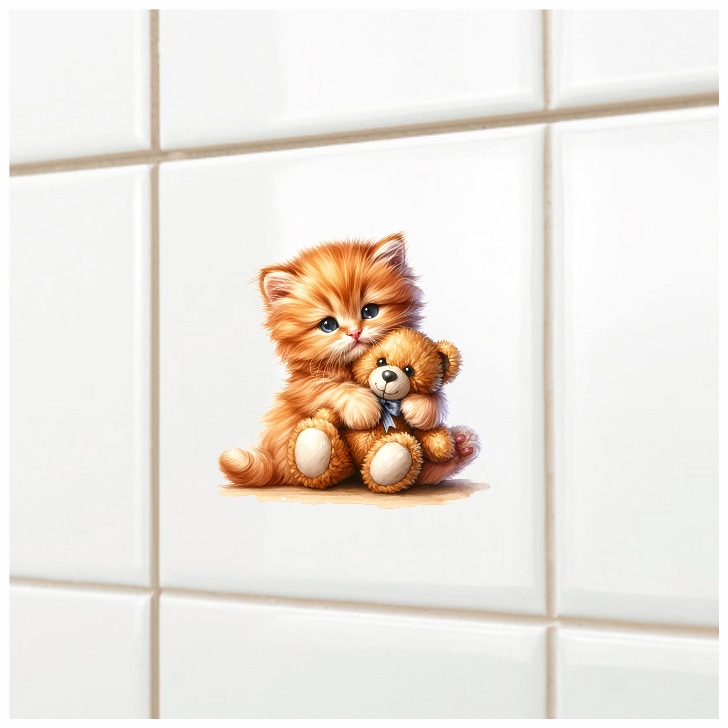 Orange Kitten Hugging Teddy Bear Vinyl Sticker Decal