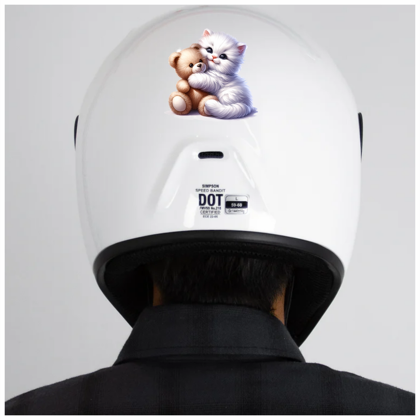 White Kitten Teddy Bear Hug Vinyl Sticker Decal