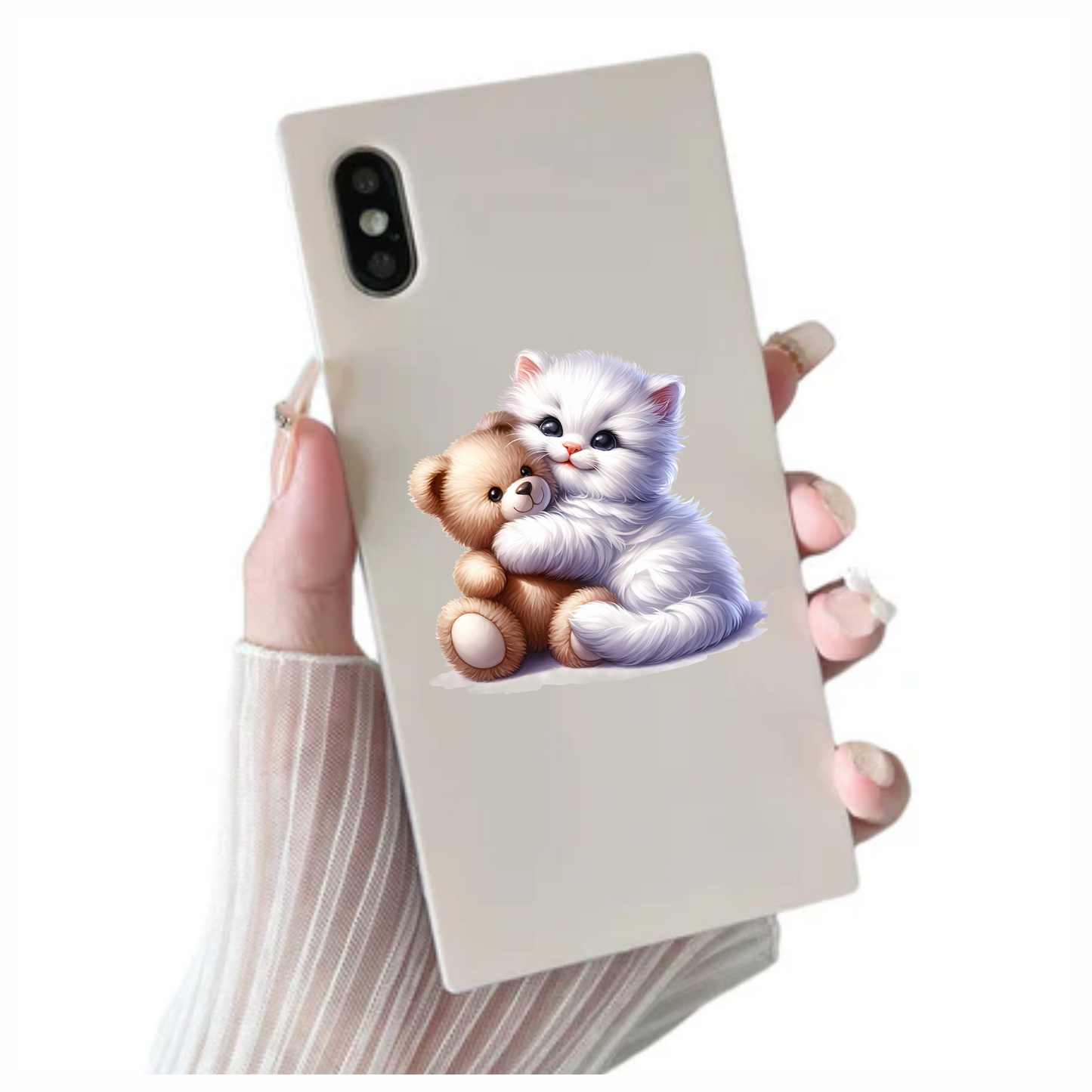 White Kitten Teddy Bear Hug Vinyl Sticker Decal