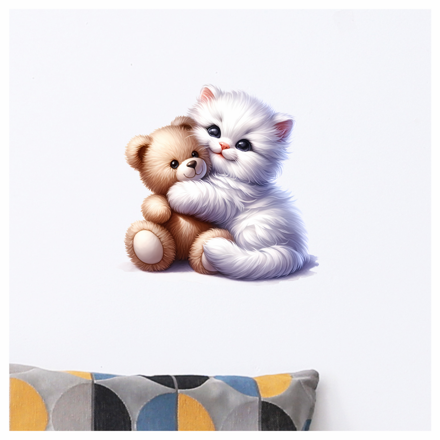 White Kitten Teddy Bear Hug Vinyl Sticker Decal