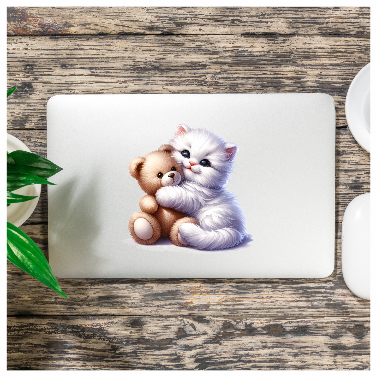 White Kitten Teddy Bear Hug Vinyl Sticker Decal
