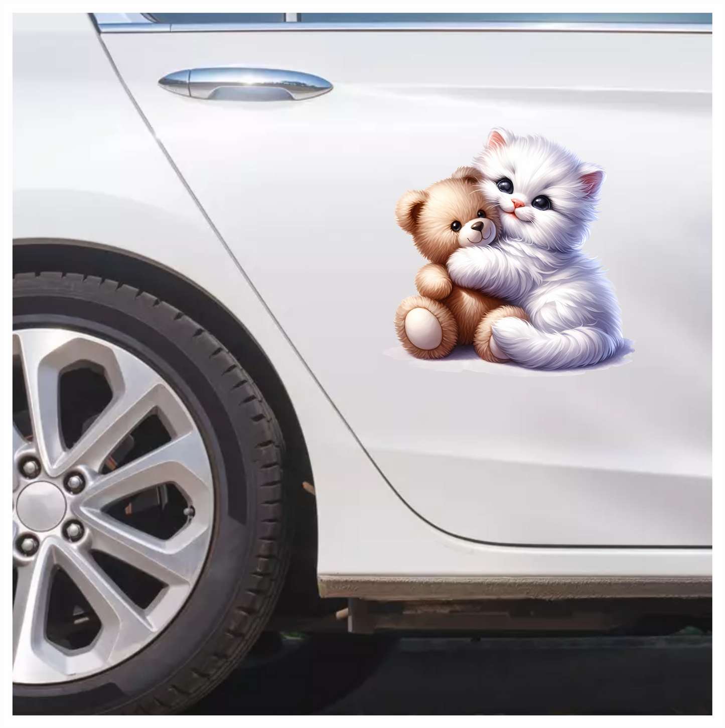 White Kitten Teddy Bear Hug Vinyl Sticker Decal
