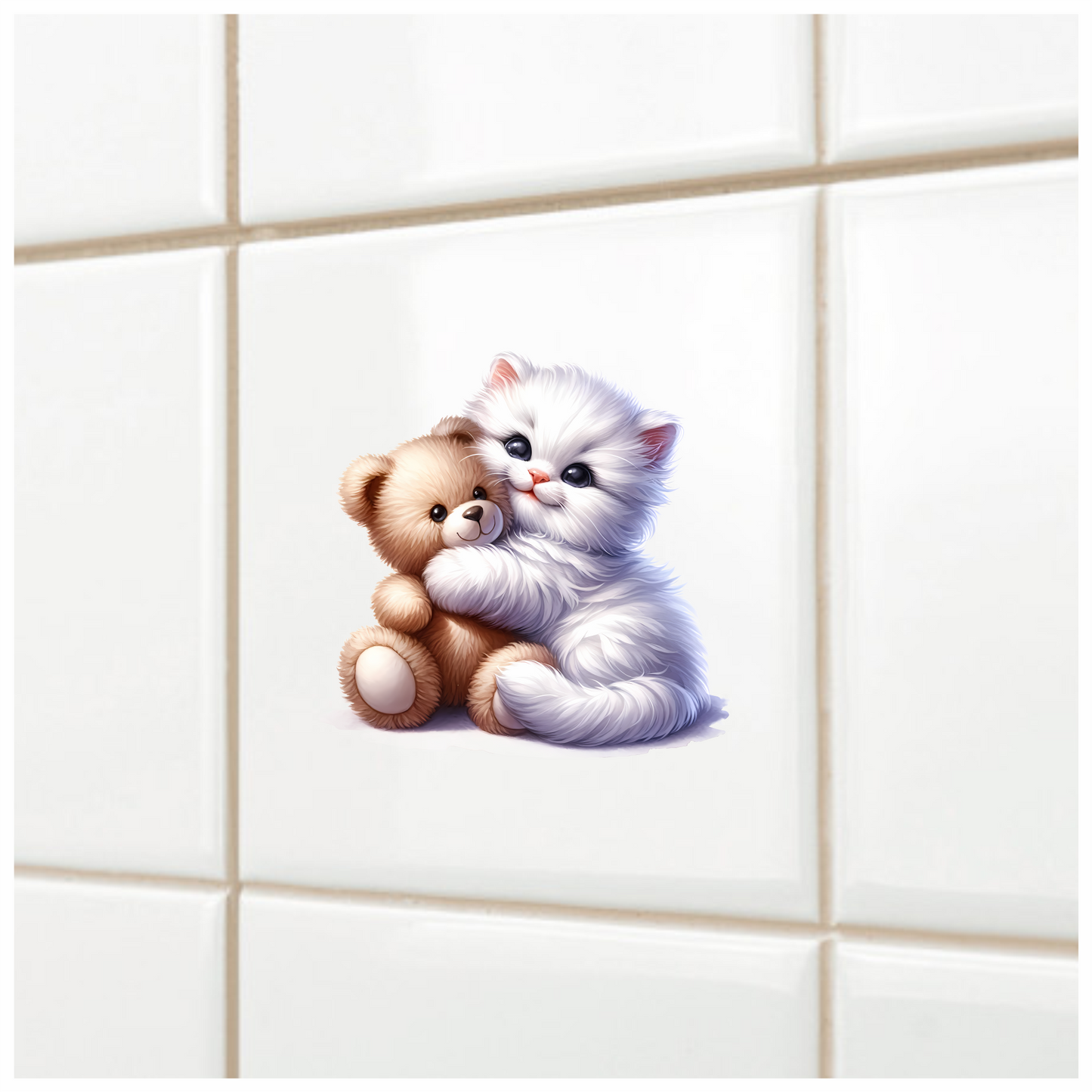 White Kitten Teddy Bear Hug Vinyl Sticker Decal