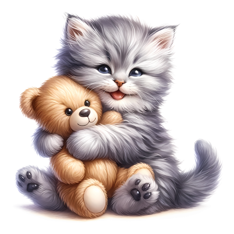 Grey Kitten Hugging Teddy Bear Vinyl Sticker Decal