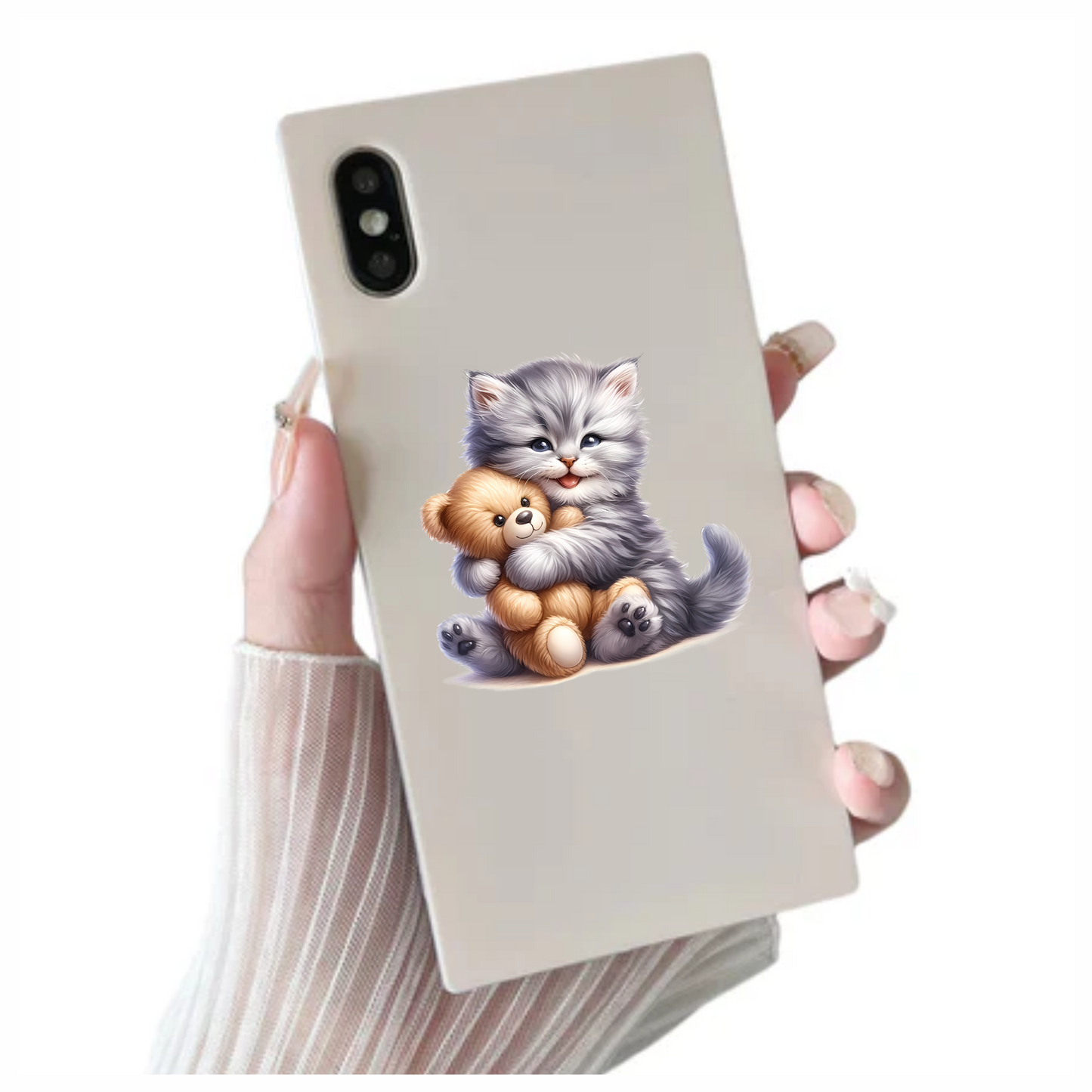 Grey Kitten Hugging Teddy Bear Vinyl Sticker Decal