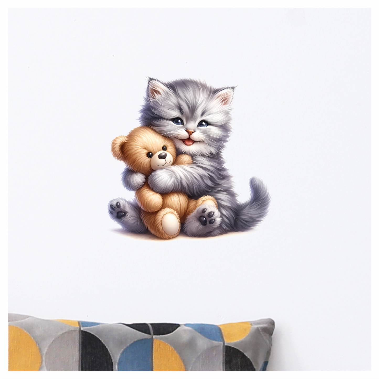 Grey Kitten Hugging Teddy Bear Vinyl Sticker Decal