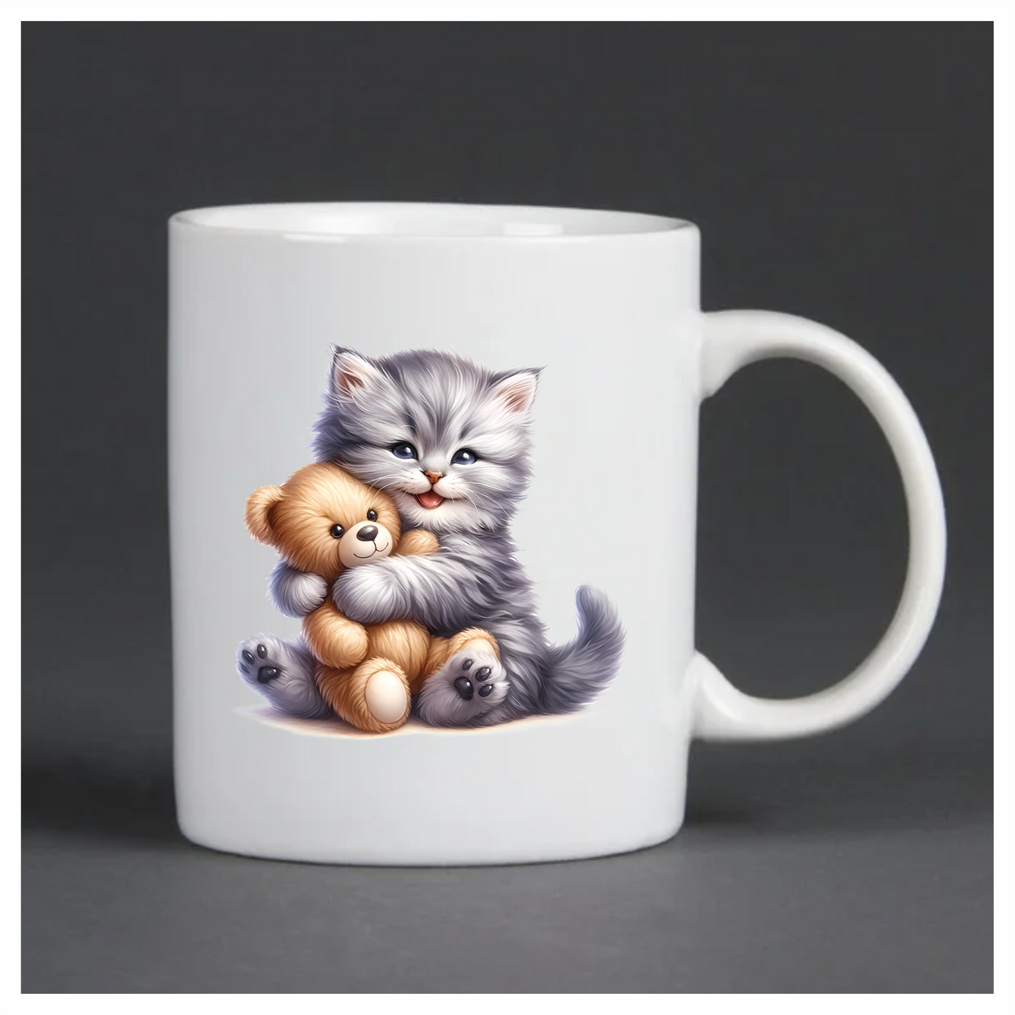 Grey Kitten Hugging Teddy Bear Vinyl Sticker Decal