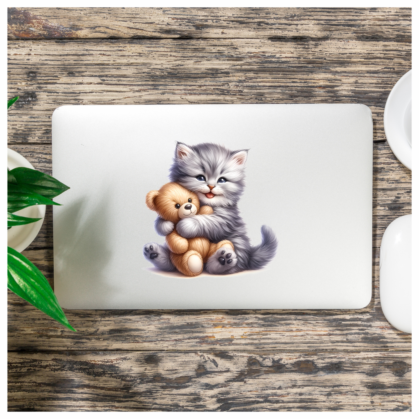 Grey Kitten Hugging Teddy Bear Vinyl Sticker Decal