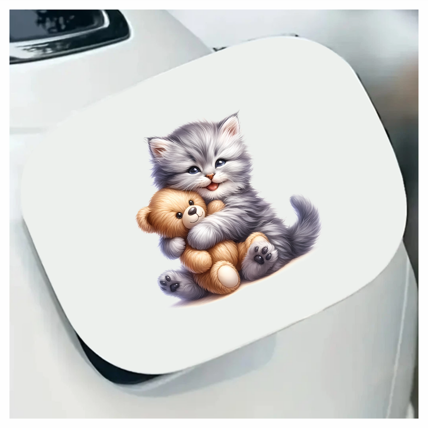 Grey Kitten Hugging Teddy Bear Vinyl Sticker Decal