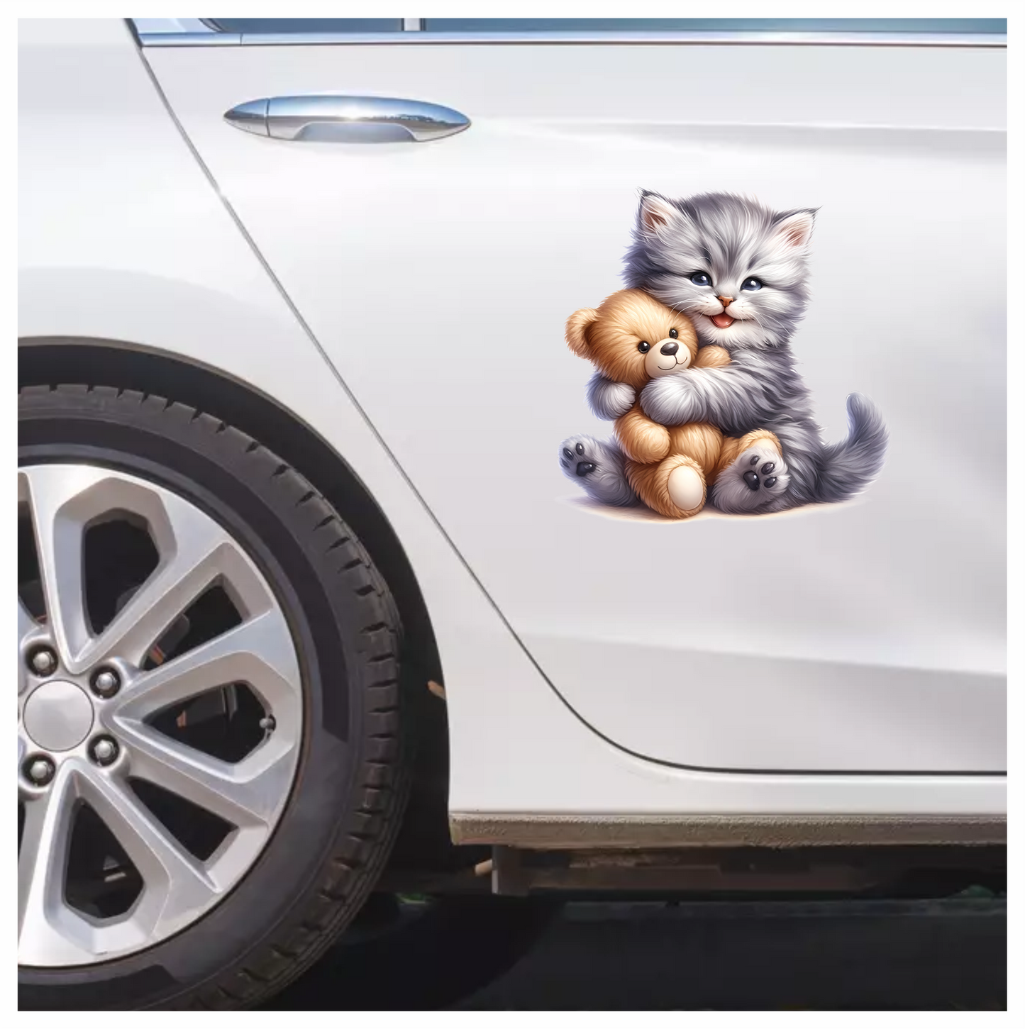 Grey Kitten Hugging Teddy Bear Vinyl Sticker Decal