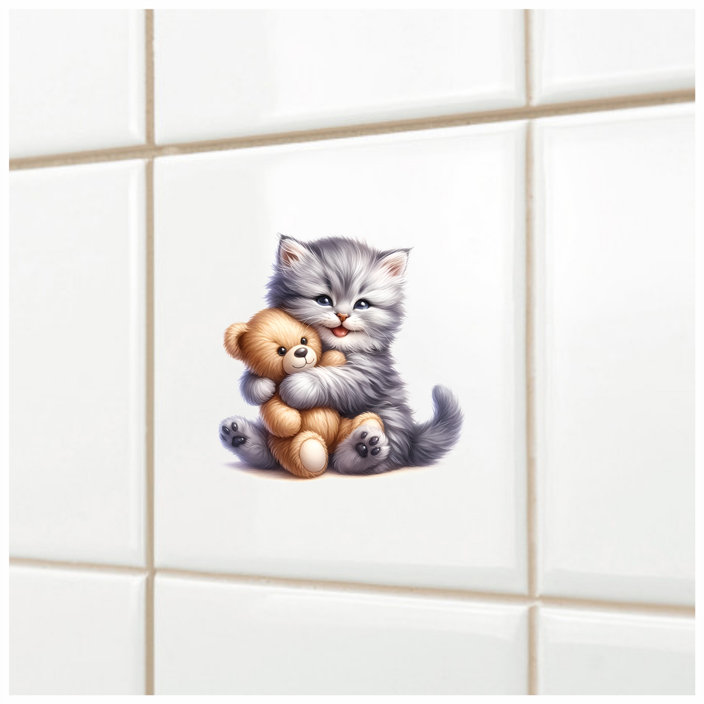 Grey Kitten Hugging Teddy Bear Vinyl Sticker Decal