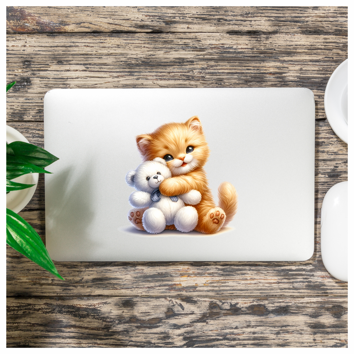 Orange Kitten Hugging White Teddy Vinyl Sticker Decal