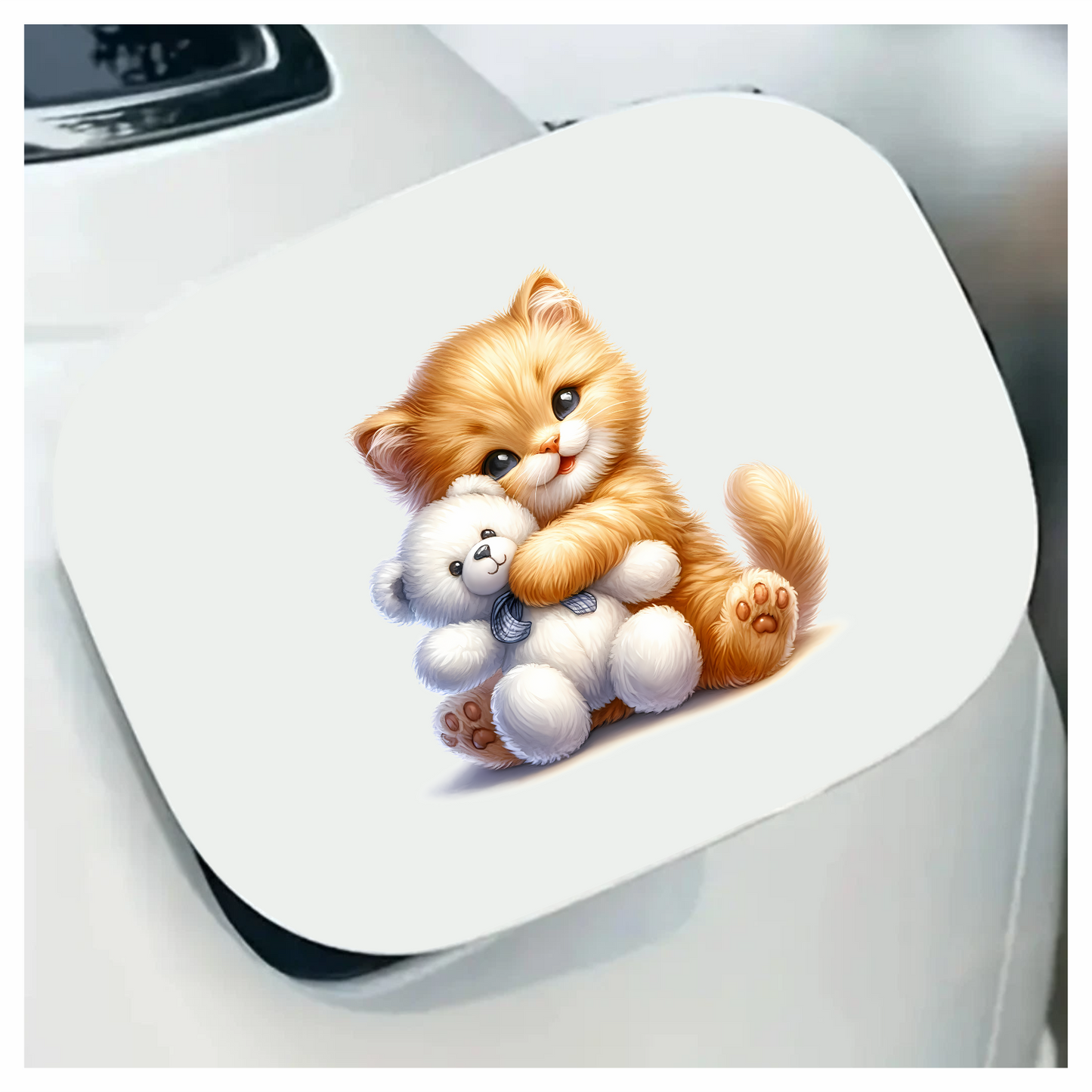 Orange Kitten Hugging White Teddy Vinyl Sticker Decal