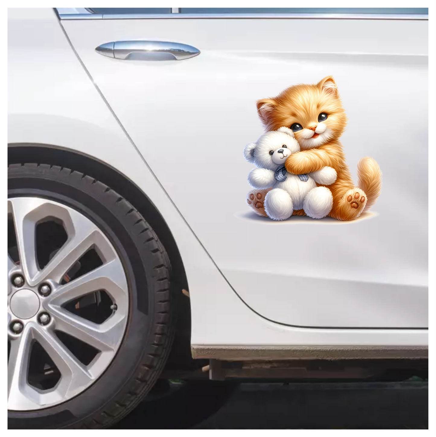 Orange Kitten Hugging White Teddy Vinyl Sticker Decal