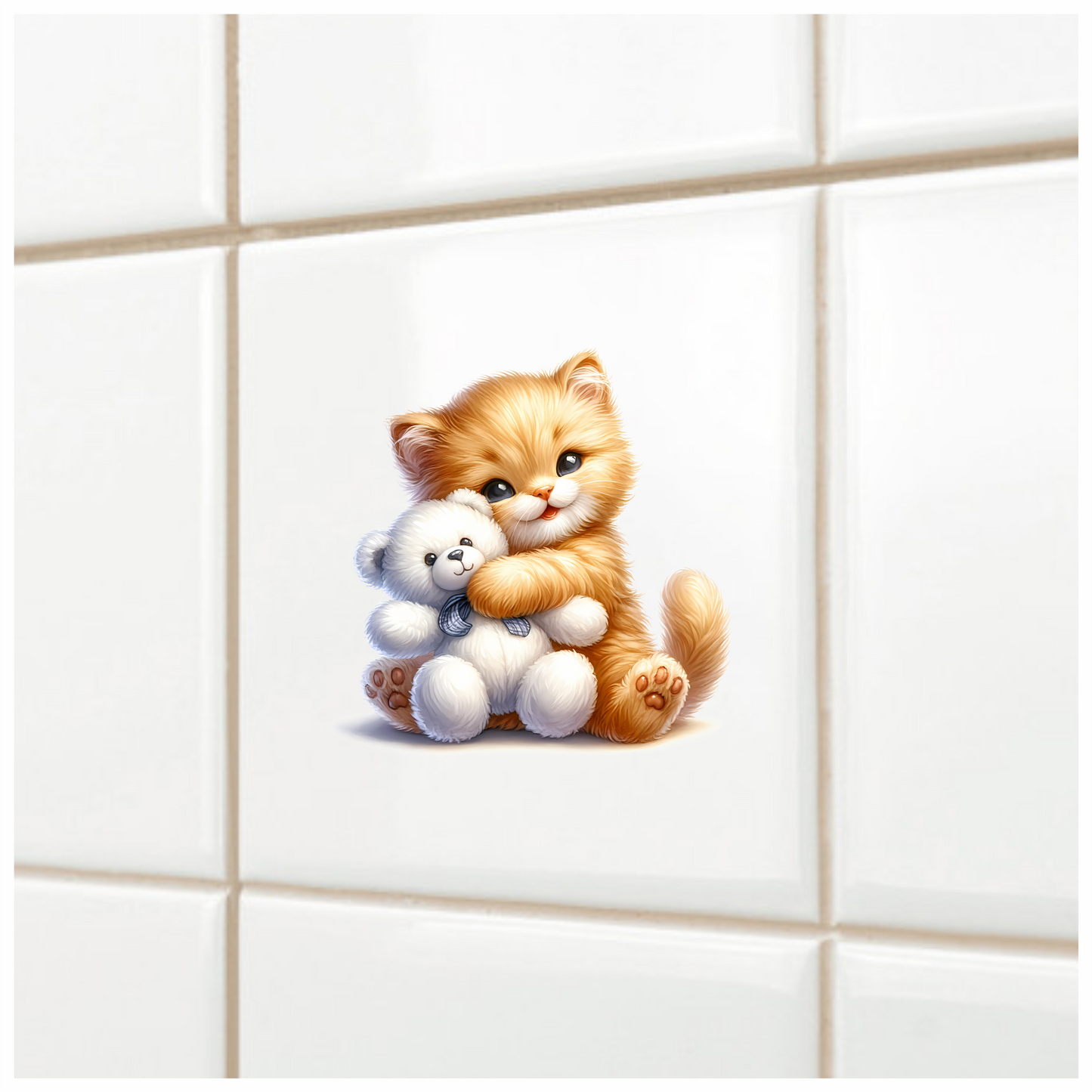 Orange Kitten Hugging White Teddy Vinyl Sticker Decal