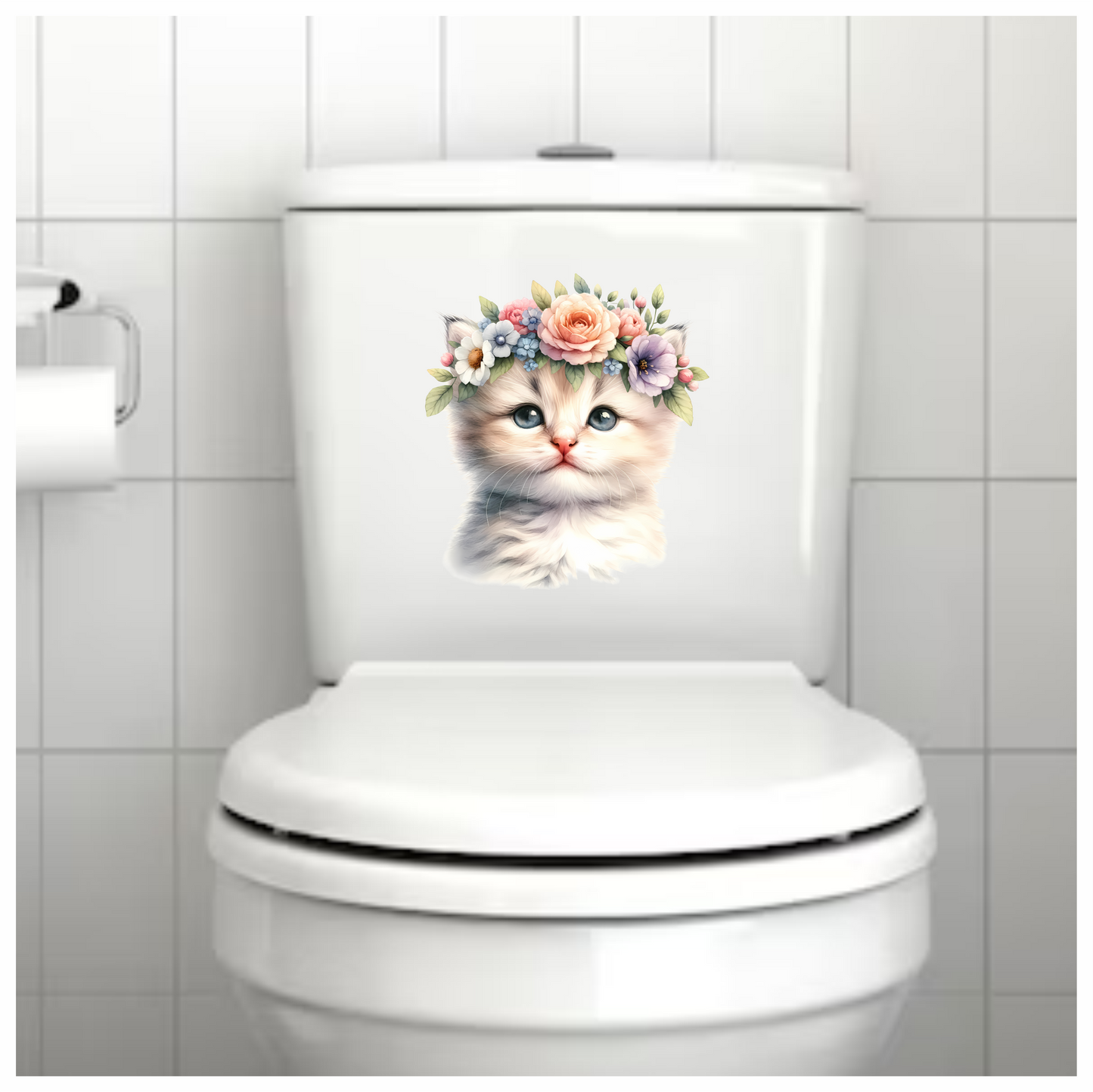 White Kitten Floral Crown Cute Vinyl Sticker Decal