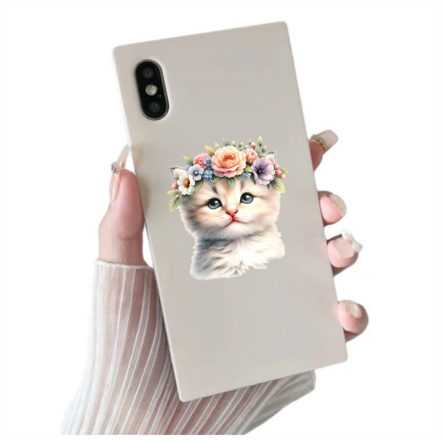 White Kitten Floral Crown Cute Vinyl Sticker Decal