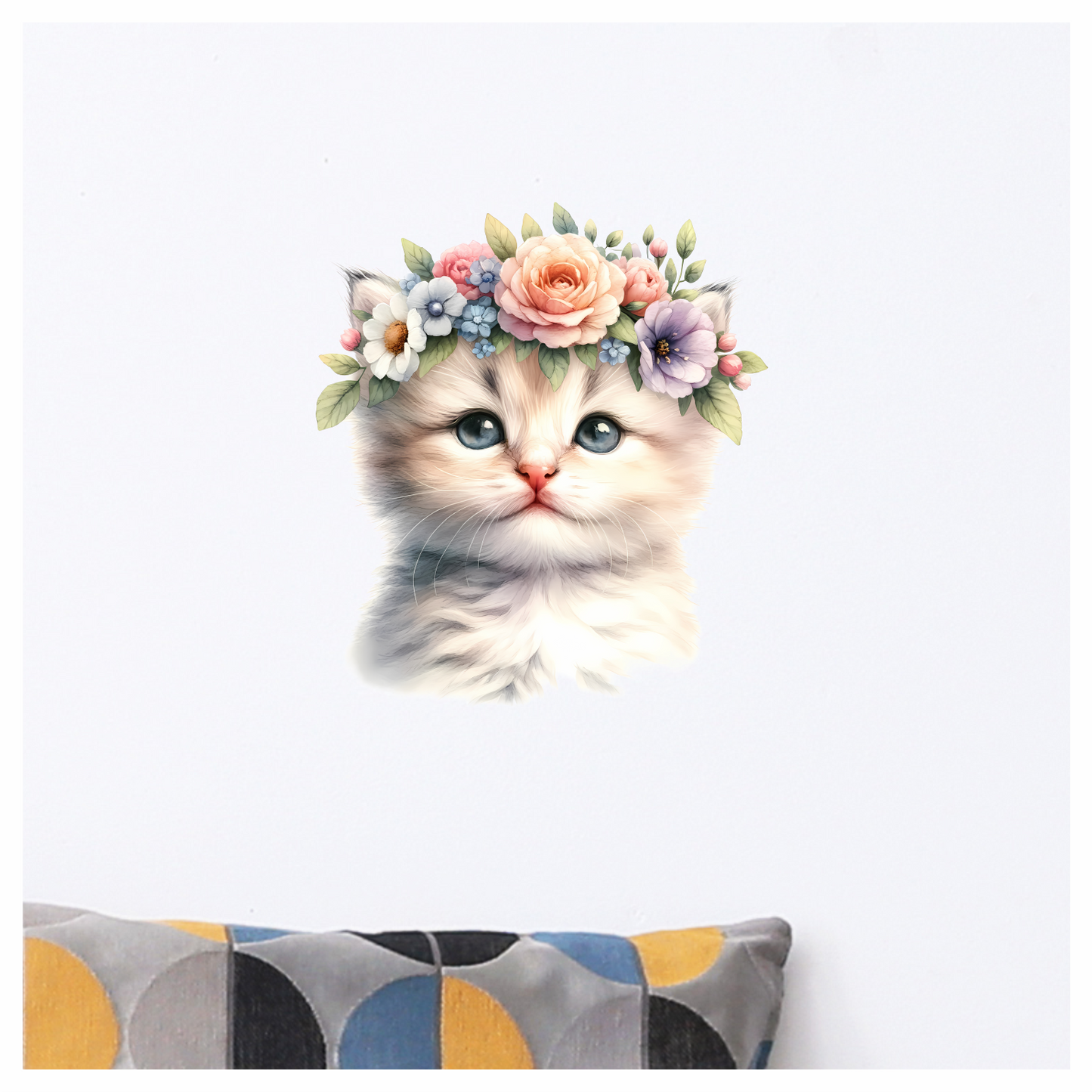White Kitten Floral Crown Cute Vinyl Sticker Decal