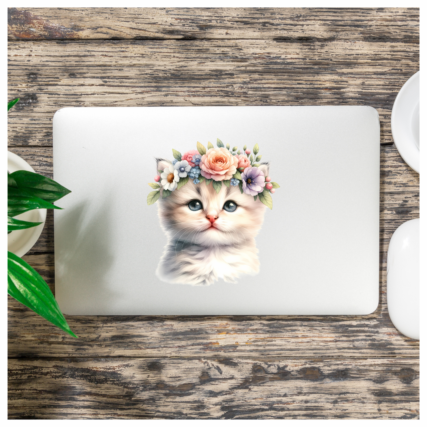 White Kitten Floral Crown Cute Vinyl Sticker Decal