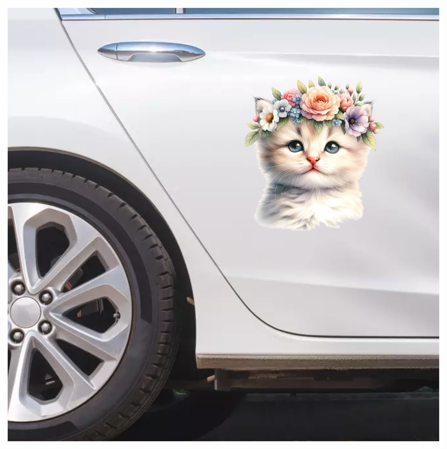 White Kitten Floral Crown Cute Vinyl Sticker Decal