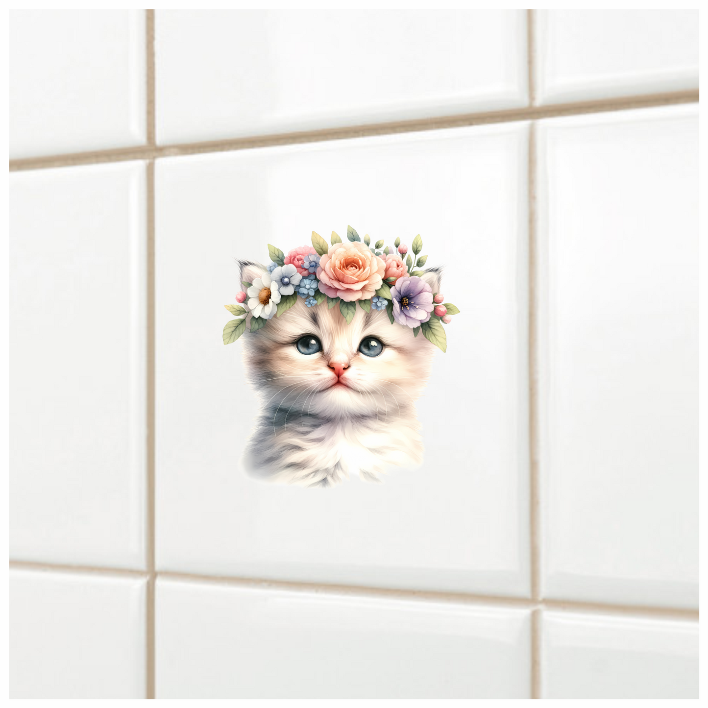 White Kitten Floral Crown Cute Vinyl Sticker Decal