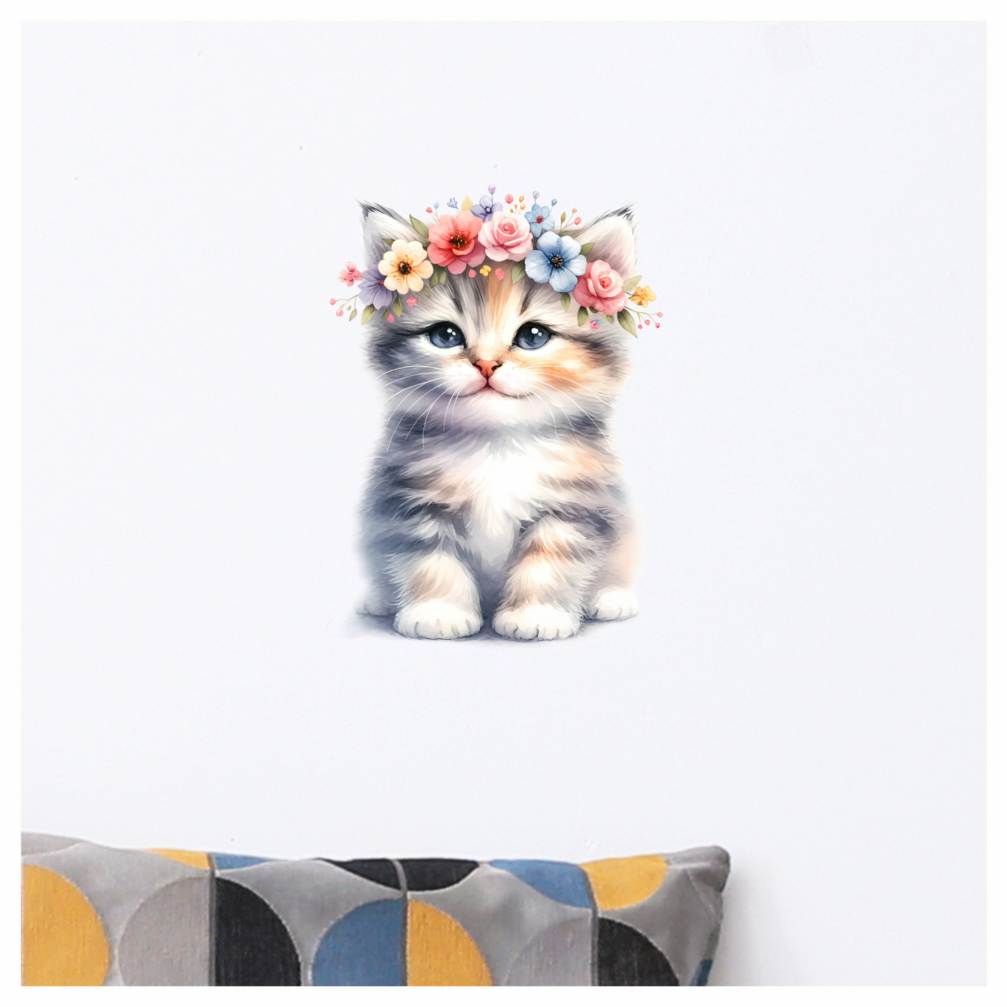 Grey Kitten Floral Crown Cute Vinyl Sticker Decal